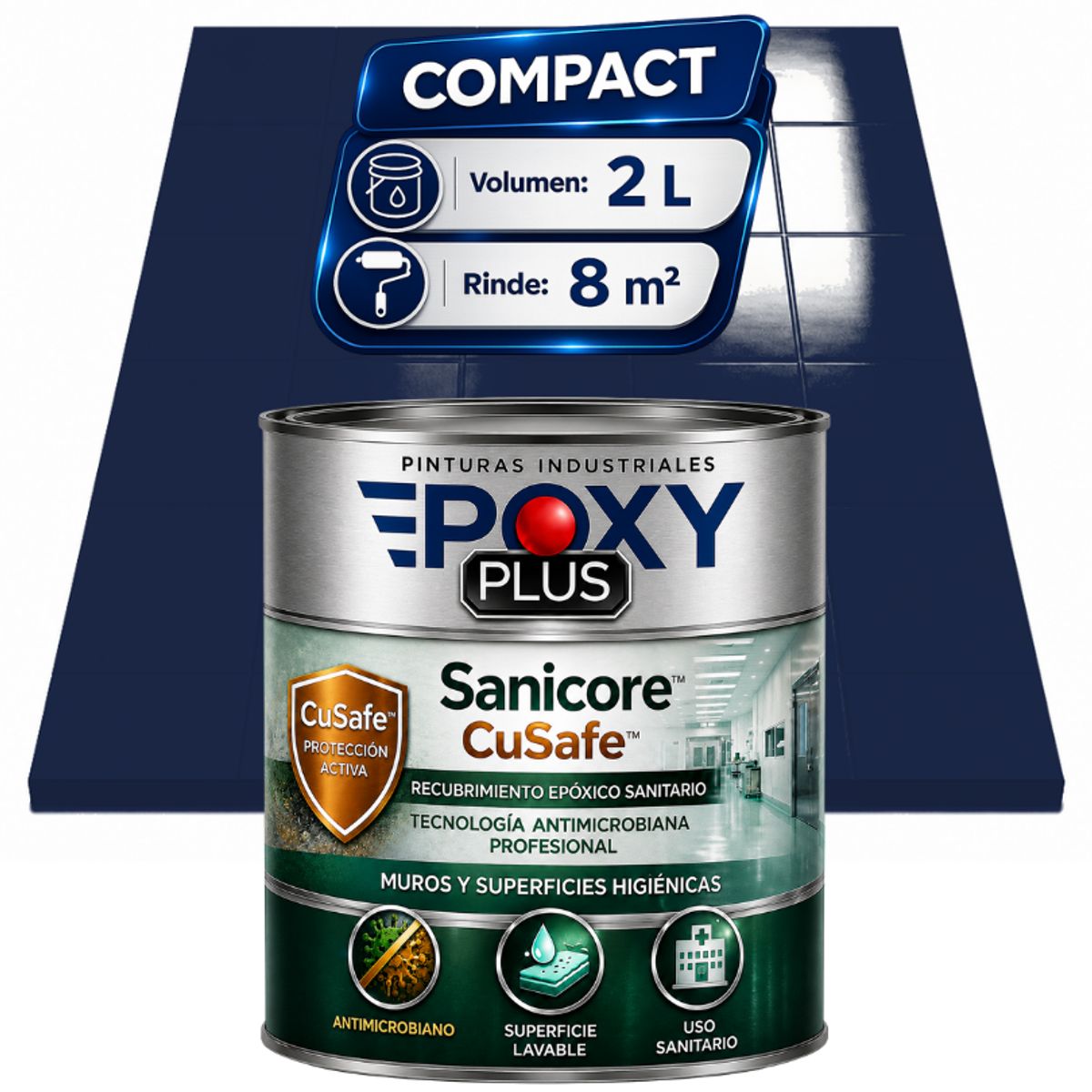EPOXY - Pintura Epóxica Hospitalaria Sanicore CuSafe - MUROS Y PISOS - SIN OLOR - COMPACT 2L - AZUL ACERO