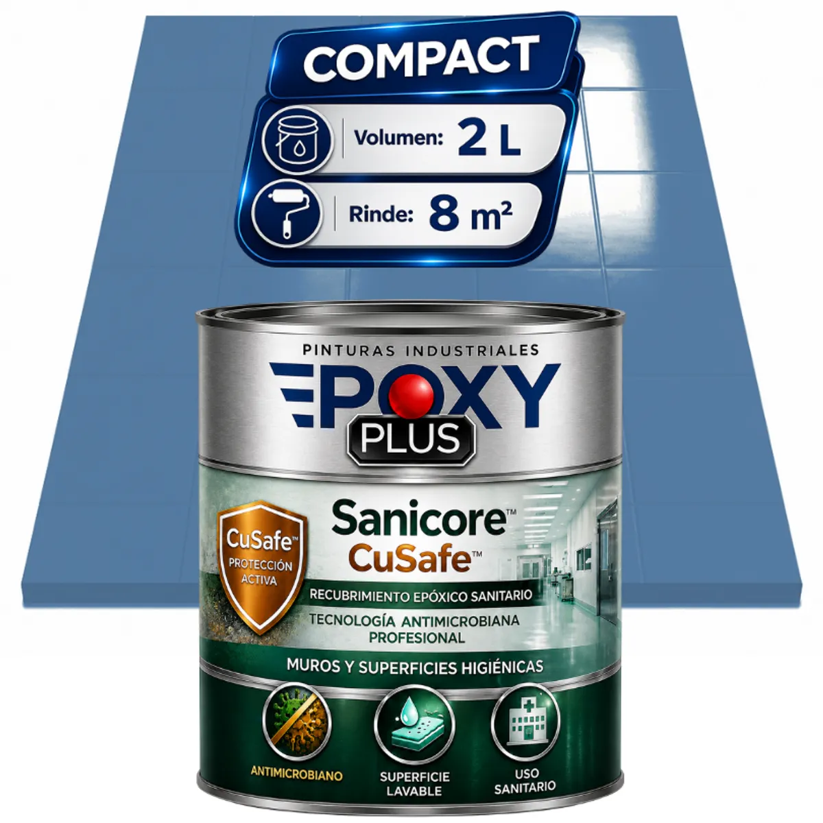 EPOXY - Pintura Epóxica Hospitalaria Sanicore CuSafe - MUROS Y PISOS - SIN OLOR - COMPACT 2L -AZUL PASTEL