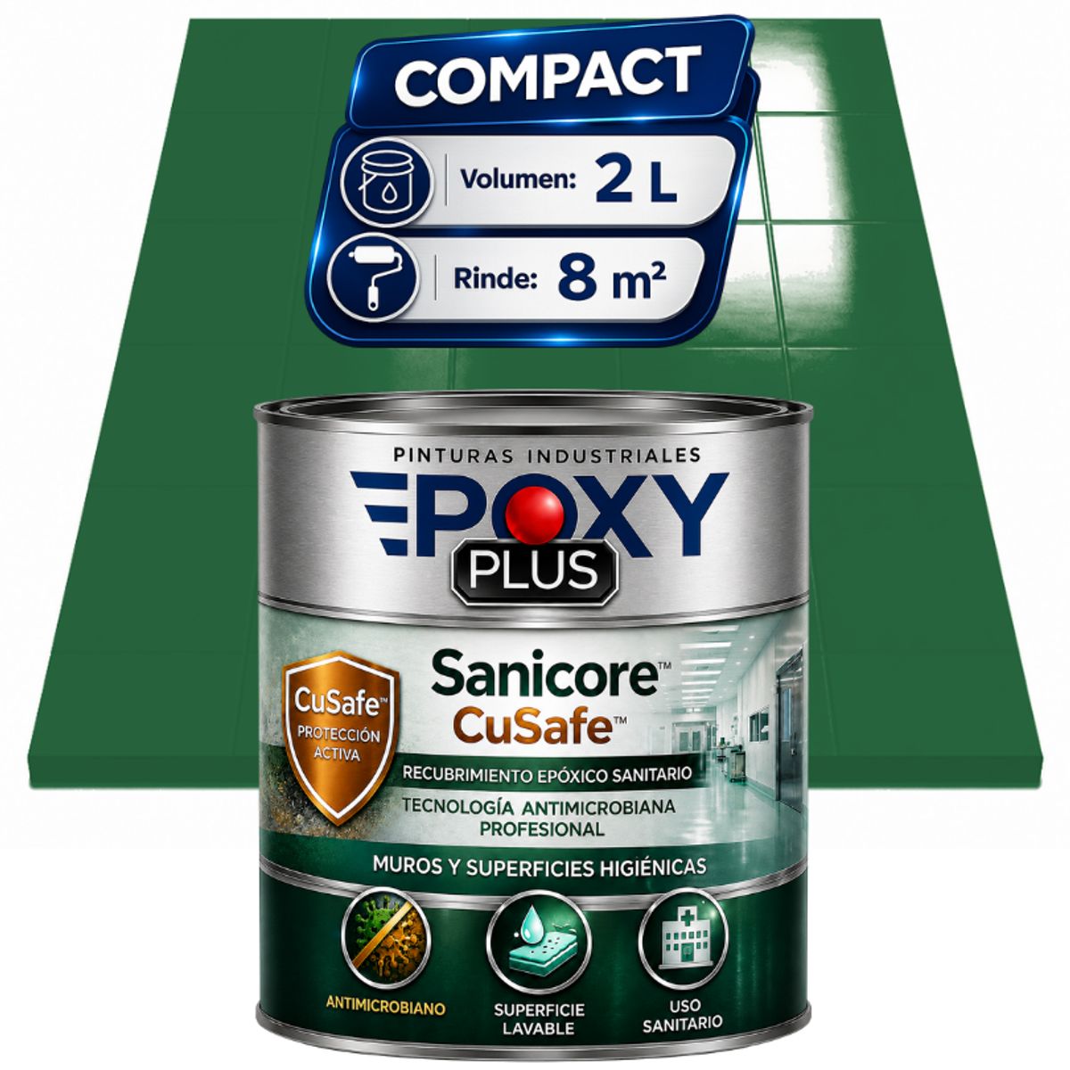 EPOXY - Pintura Epóxica Hospitalaria Sanicore CuSafe - MUROS Y PISOS - SIN OLOR - COMPACT 2L - VERDE ESMERALDA