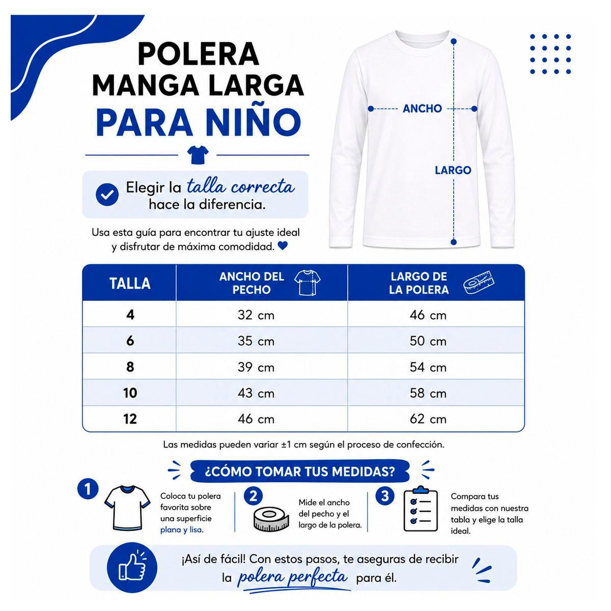 ROLY - Polera Manga Larga Niño Y Niña Roly 100% Algodón Cuello Redondo