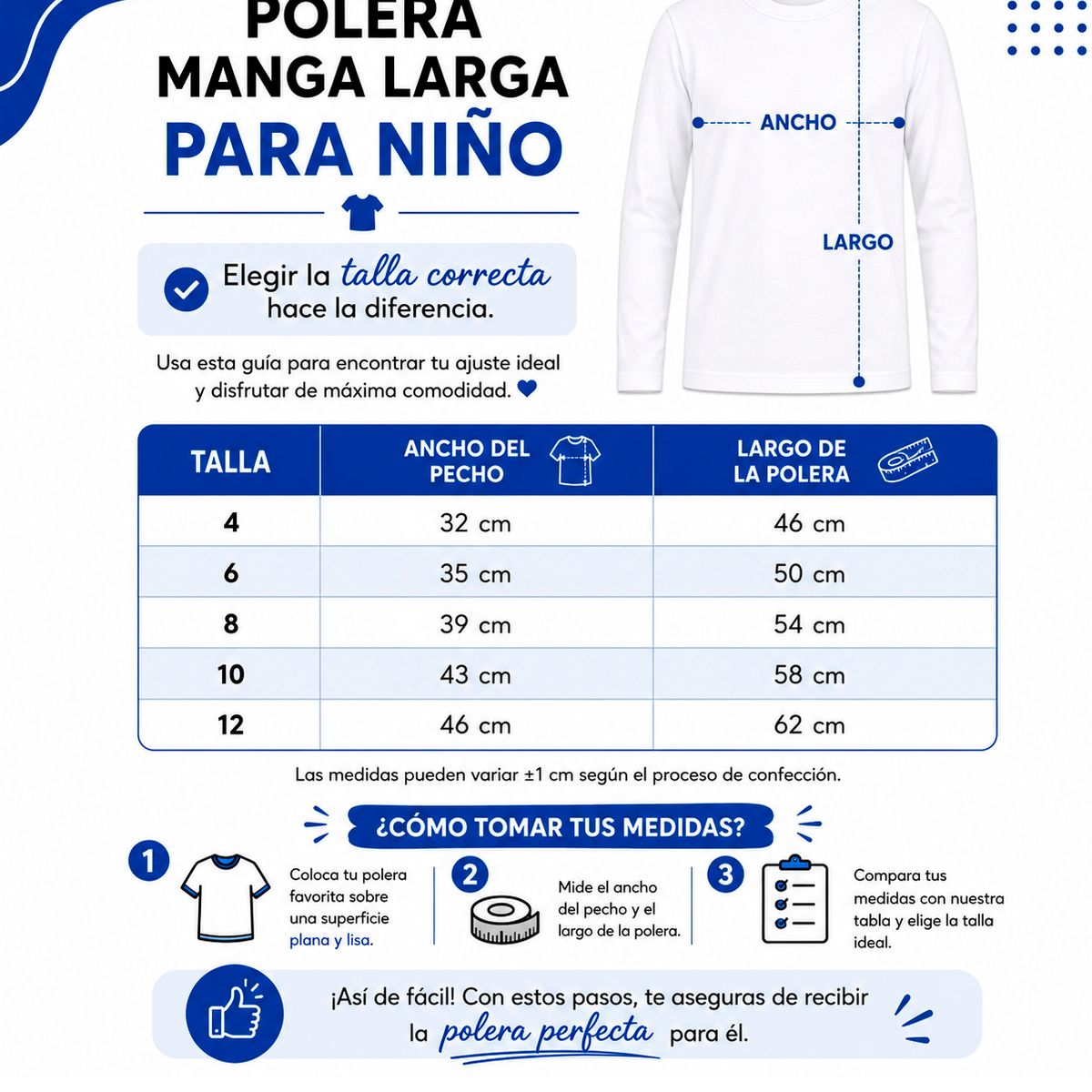 ROLY - Polera Manga Larga Niño Y Niña Roly 100% Algodón Cuello Redondo Premium