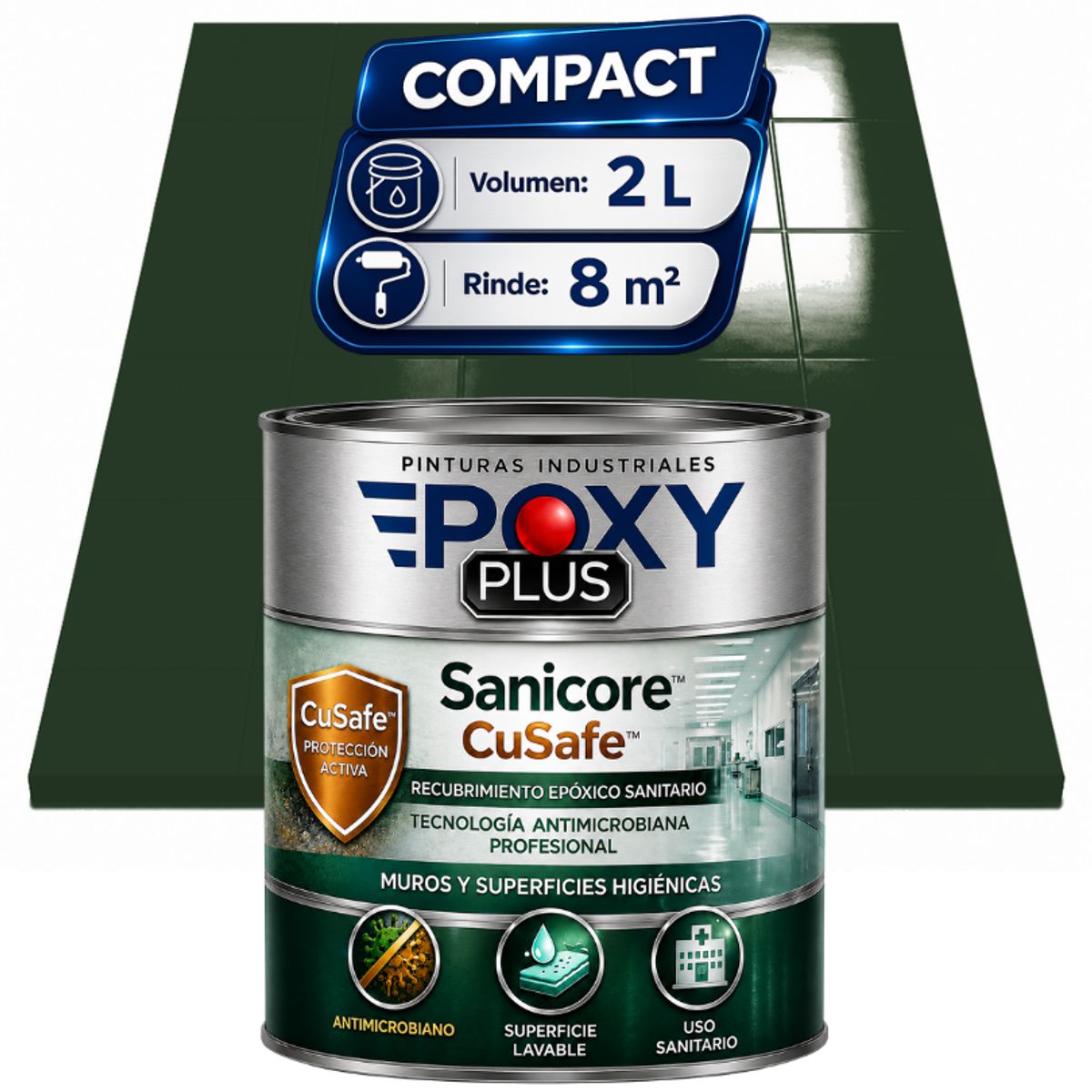EPOXY - Pintura Epóxica Hospitalaria Sanicore CuSafe - MUROS Y PISOS - SIN OLOR - COMPACT 2L -VERDE ABETO