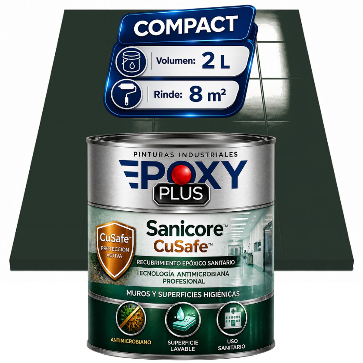EPOXY - Pintura Epóxica Hospitalaria Sanicore CuSafe - MUROS Y PISOS - SIN OLOR - COMPACT 2L - VERDE NEGRO