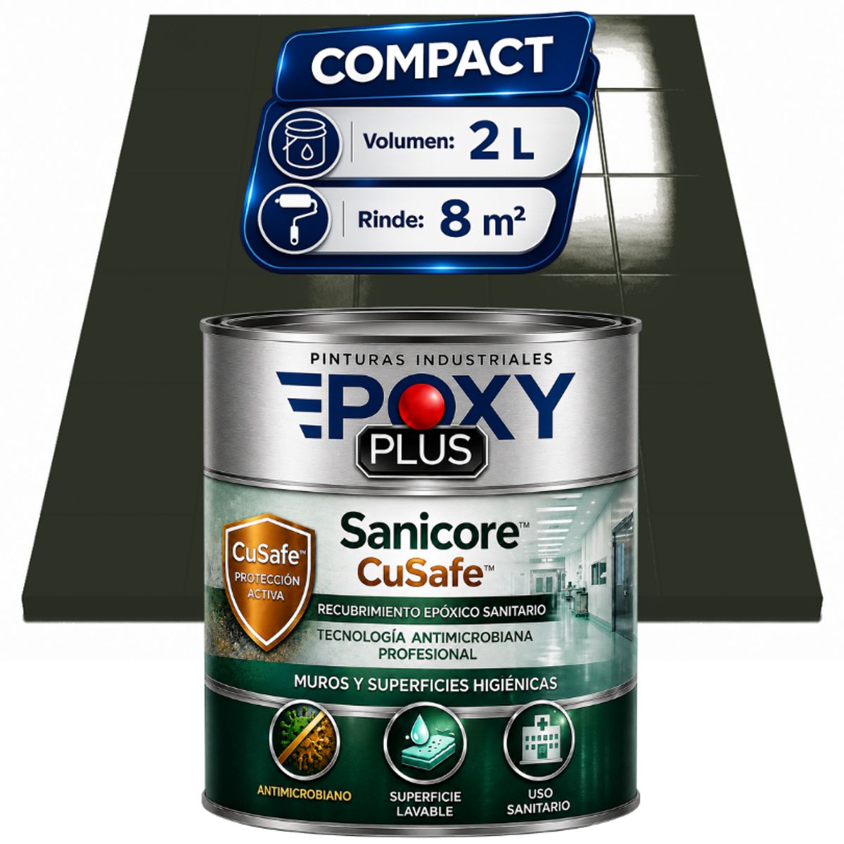 EPOXY - Pintura Epóxica Hospitalaria Sanicore CuSafe - MUROS Y PISOS - SIN OLOR - COMPACT 2L -VERDE OLIVA NEGRO