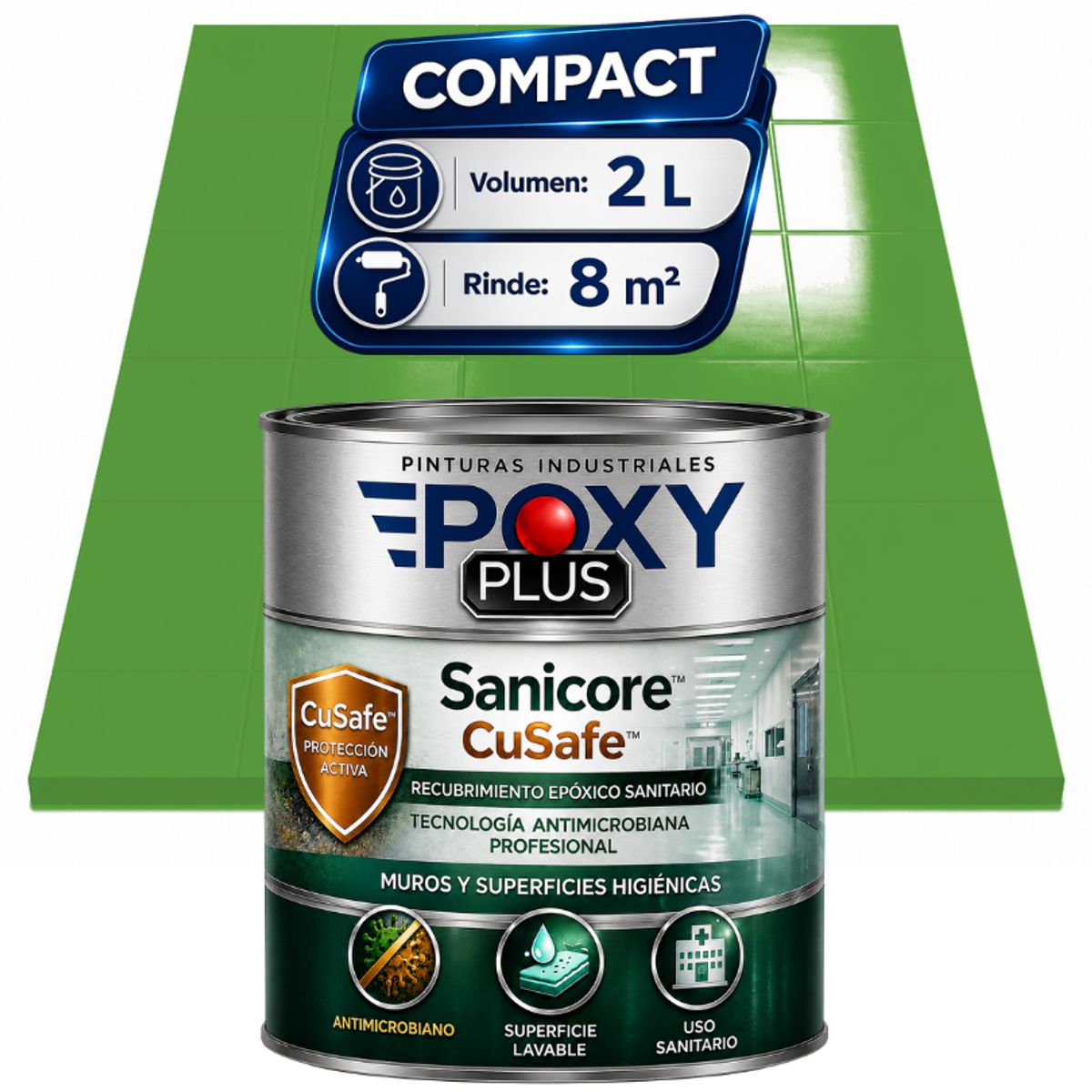 EPOXY - Pintura Epóxica Hospitalaria Sanicore CuSafe - MUROS Y PISOS - SIN OLOR - COMPACT 2L - VERDE CLARO