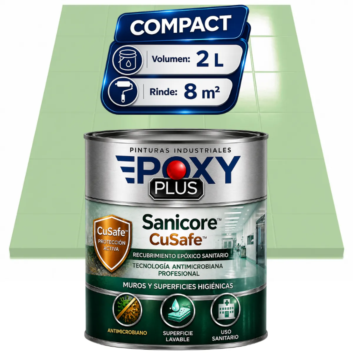 EPOXY - Pintura Epóxica Hospitalaria Sanicore CuSafe - MUROS Y PISOS - SIN OLOR - COMPACT 2L -VERDE BLANCO