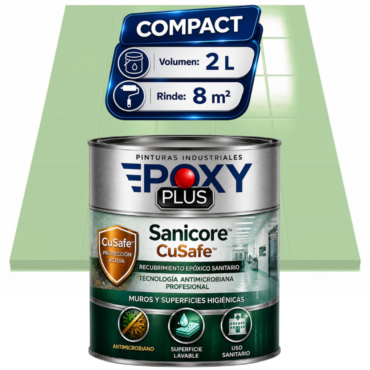 EPOXY - Pintura Epóxica Hospitalaria Sanicore CuSafe - MUROS Y PISOS - SIN OLOR - COMPACT 2L -VERDE BLANCO