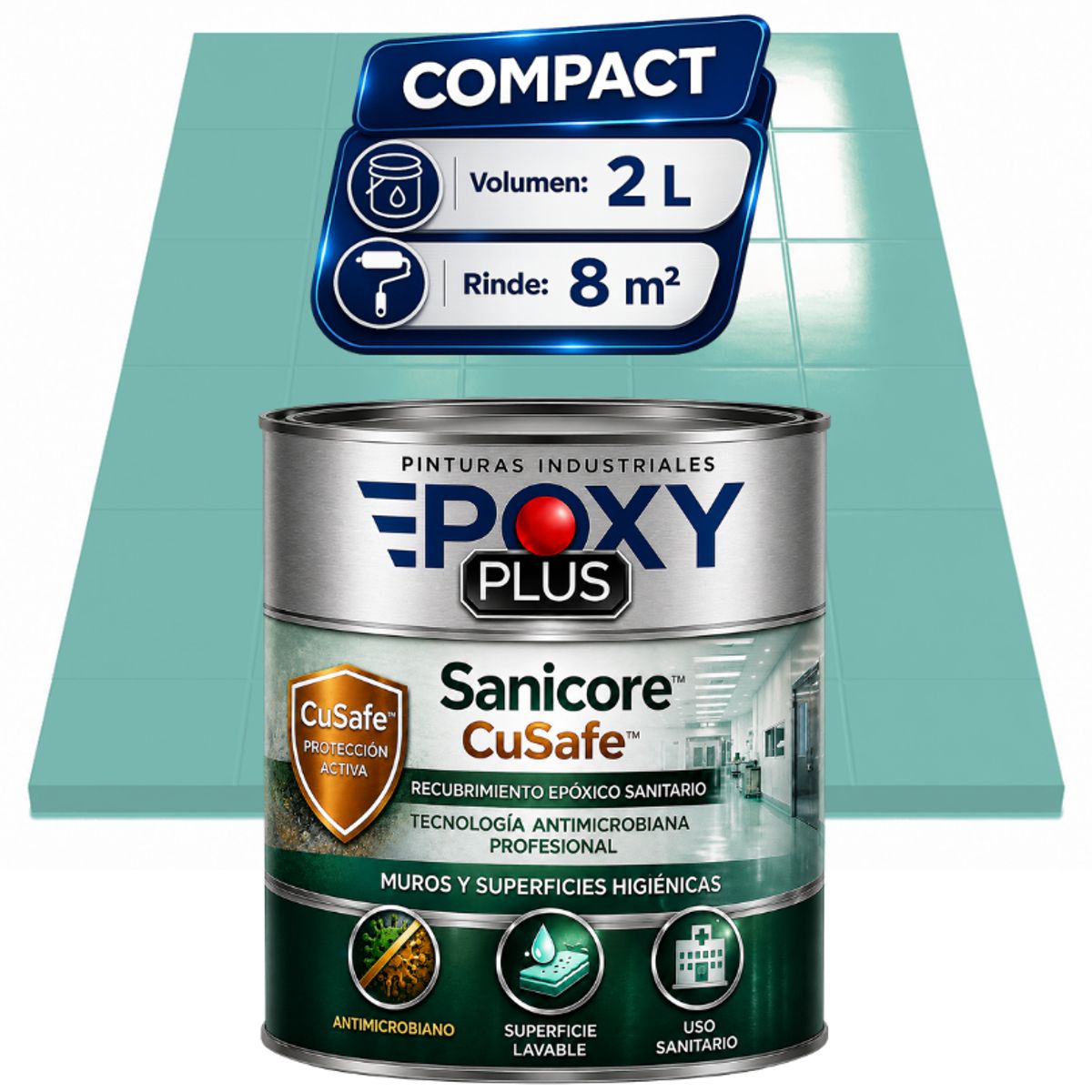 EPOXY - Pintura Epóxica Hospitalaria Sanicore CuSafe - MUROS Y PISOS - SIN OLOR - COMPACT 2L - TURQUESA PASTEL