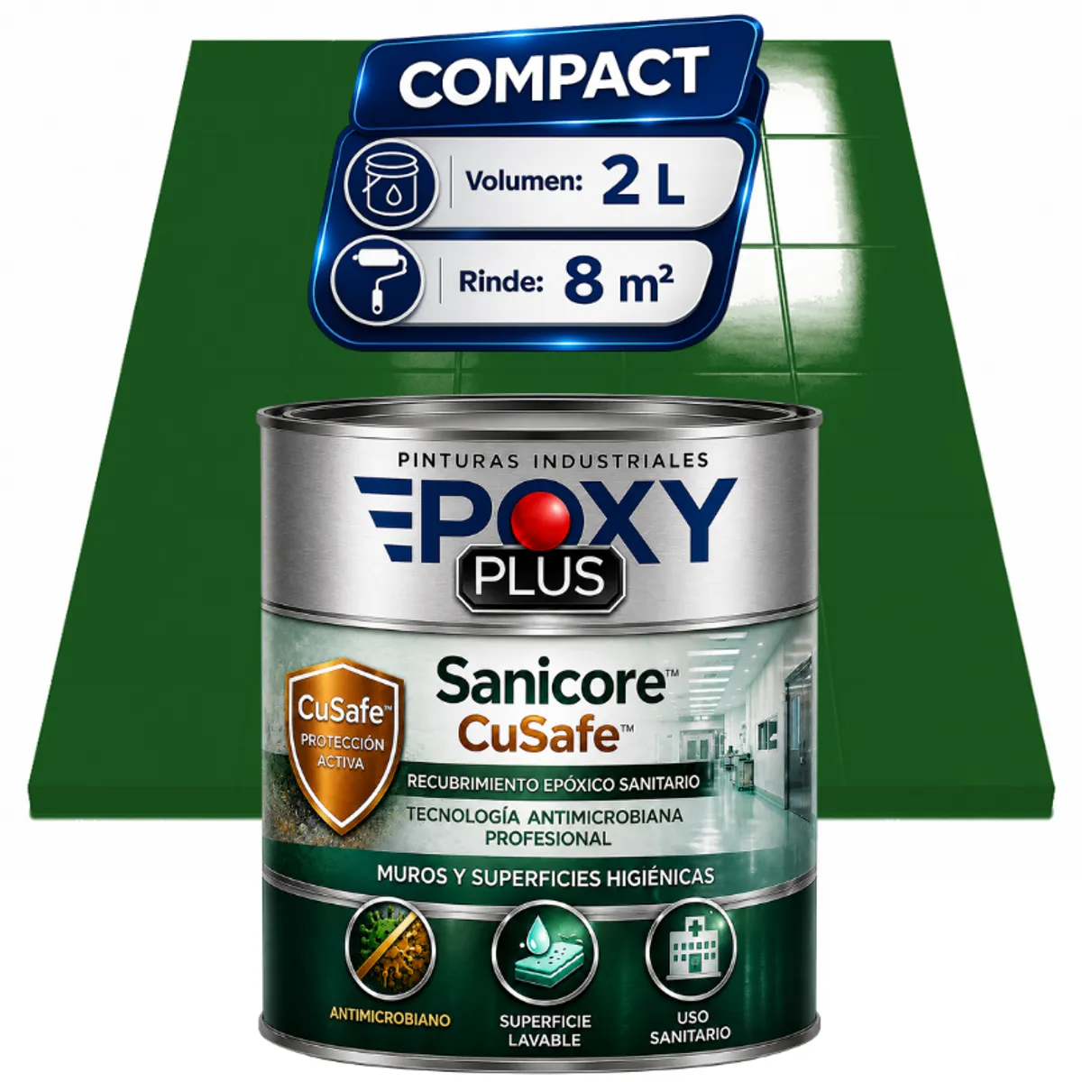 EPOXY - Pintura Epóxica Hospitalaria Sanicore CuSafe - MUROS Y PISOS - SIN OLOR - COMPACT 2L -VERDE PERLADO