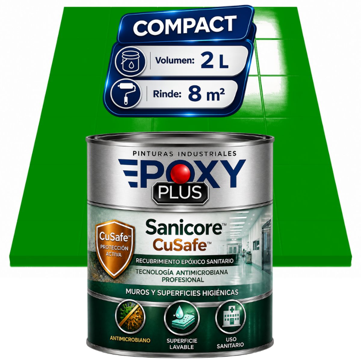 EPOXY - Pintura Epóxica Hospitalaria Sanicore CuSafe - MUROS Y PISOS - SIN OLOR - COMPACT 2L - VERDE PURO