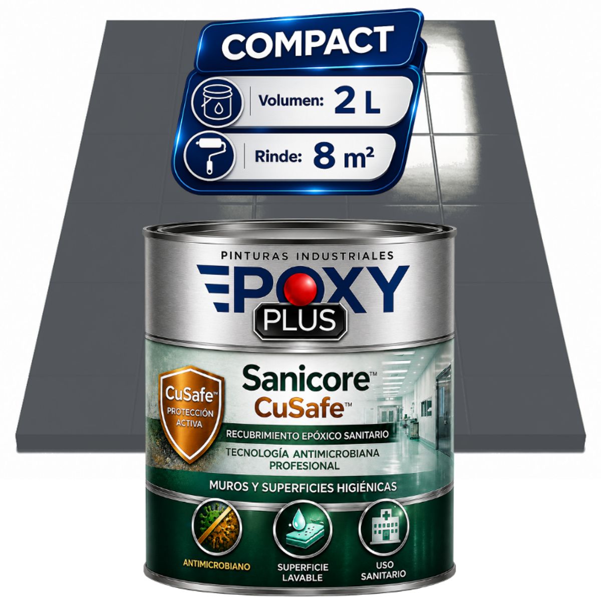 EPOXY - Pintura Epóxica Hospitalaria Sanicore CuSafe - MUROS Y PISOS - SIN OLOR - COMPACT 2L - GRIS BASALTO