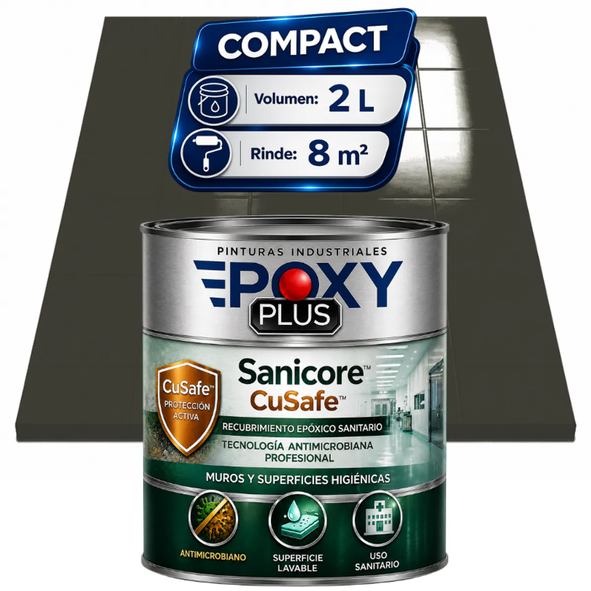 EPOXY - Pintura Epóxica Hospitalaria Sanicore CuSafe - MUROS Y PISOS - SIN OLOR - COMPACT 2L -GRIS SOMBRA