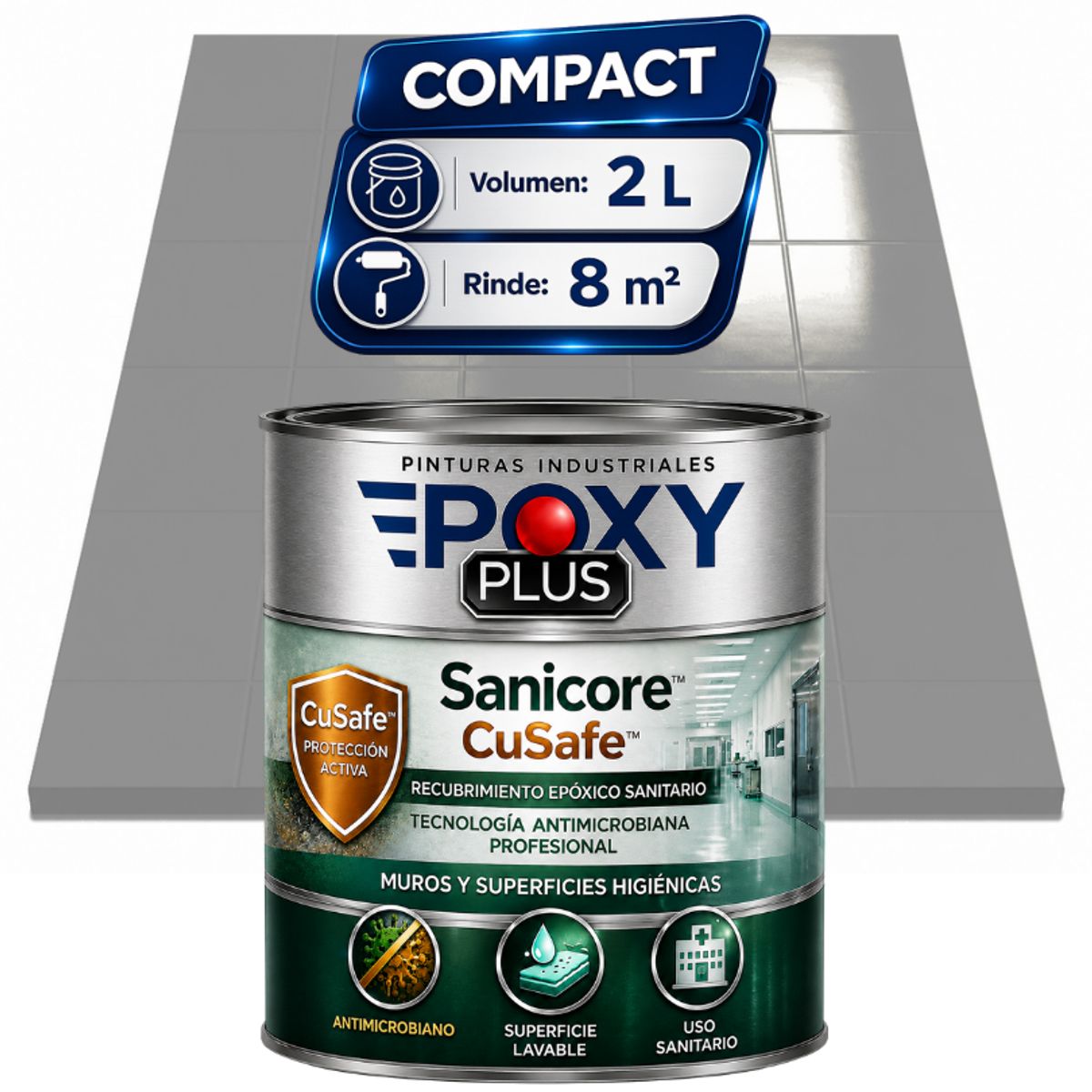 EPOXY - Pintura Epóxica Hospitalaria Sanicore CuSafe - MUROS Y PISOS - SIN OLOR - COMPACT 2L -GRIS VENTANA