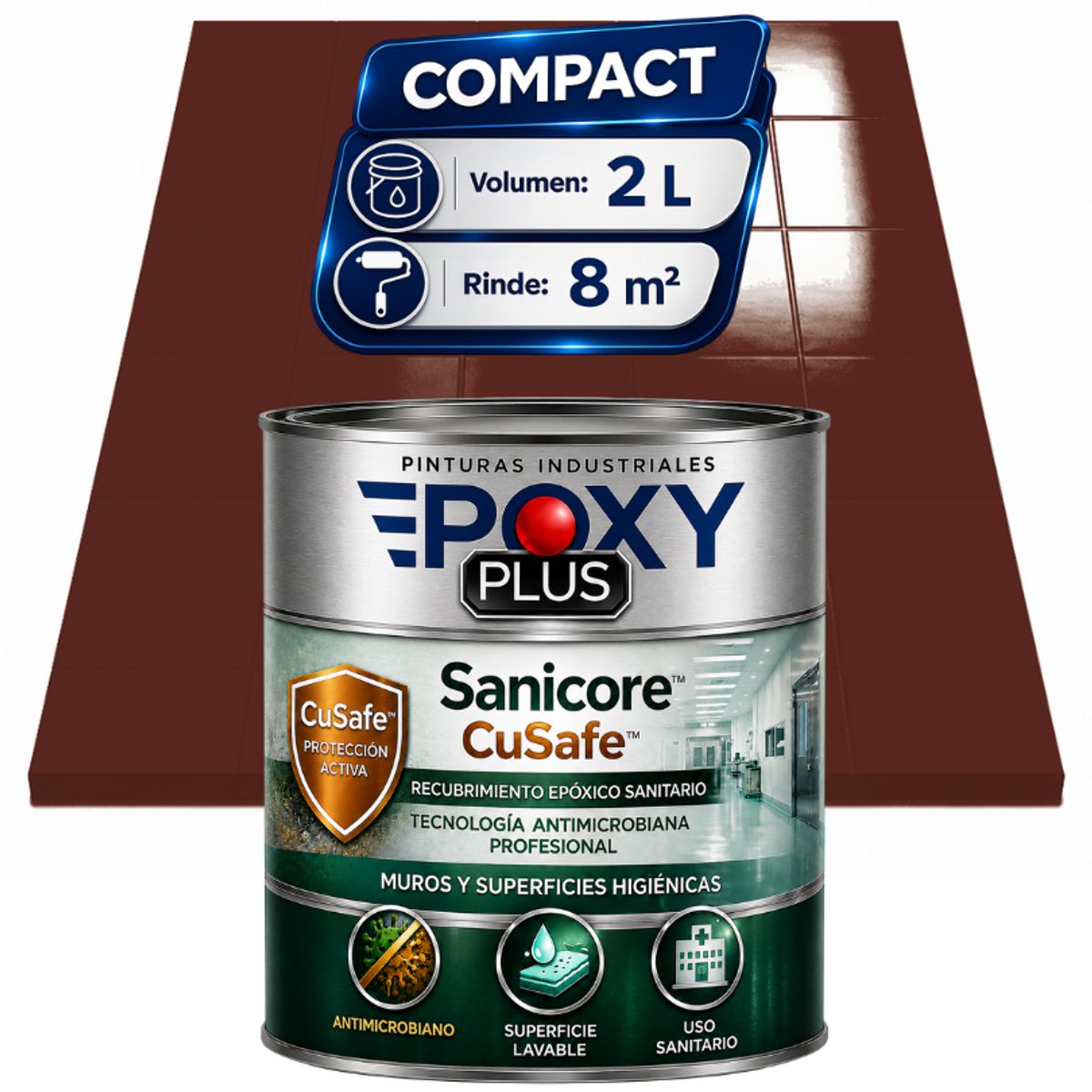 EPOXY - Pintura Epóxica Hospitalaria Sanicore CuSafe - MUROS Y PISOS - SIN OLOR - COMPACT 2L - MARRÓN ROJIZO