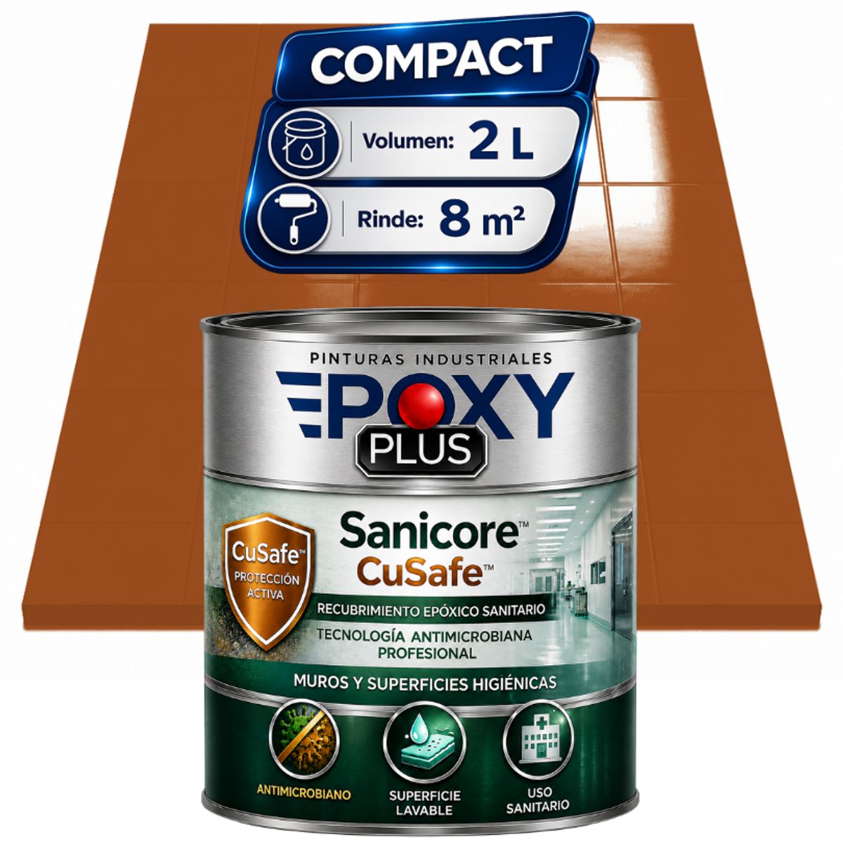EPOXY - Pintura Epóxica Hospitalaria Sanicore CuSafe - MUROS Y PISOS - SIN OLOR - COMPACT 2L - MARRÓN NARANJA