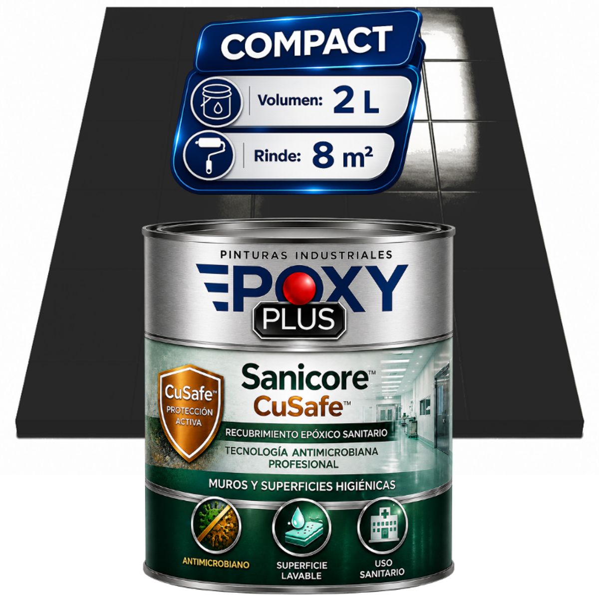 EPOXY - Pintura Epóxica Hospitalaria Sanicore CuSafe - MUROS Y PISOS - SIN OLOR - COMPACT 2L - NEGRO SEÑALES