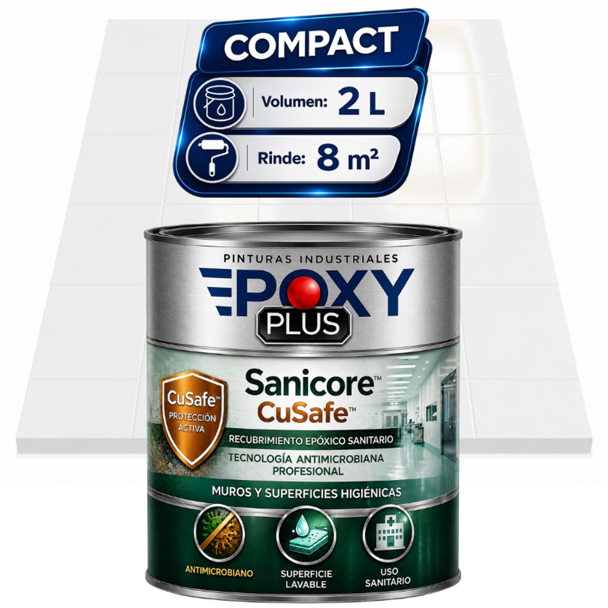 EPOXY - Pintura Epóxica Hospitalaria Sanicore CuSafe - MUROS Y PISOS - SIN OLOR - COMPACT 2L - BLANCO PURO