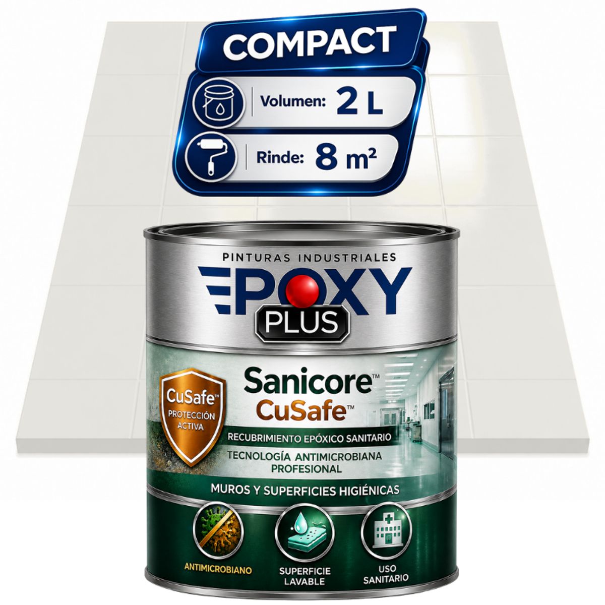 EPOXY - Pintura Epóxica Hospitalaria Sanicore CuSafe - MUROS Y PISOS - SIN OLOR - COMPACT 2L - BLANCO LIMPIEZA