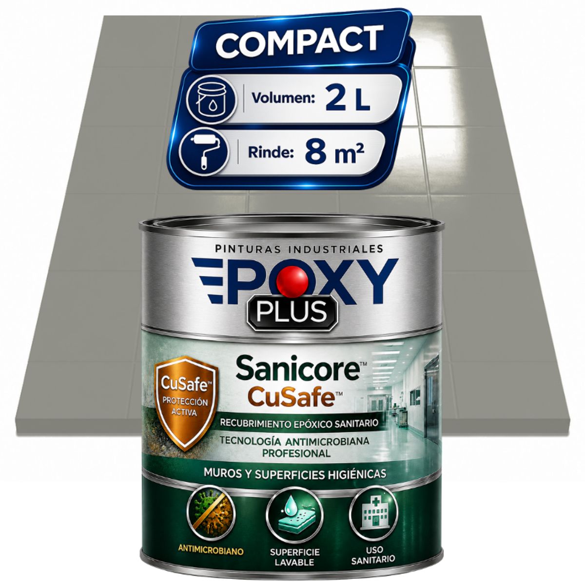 EPOXY - Pintura Epóxica Hospitalaria Sanicore CuSafe - MUROS Y PISOS - SIN OLOR - COMPACT 2L - BLANCO PERLA CLARO