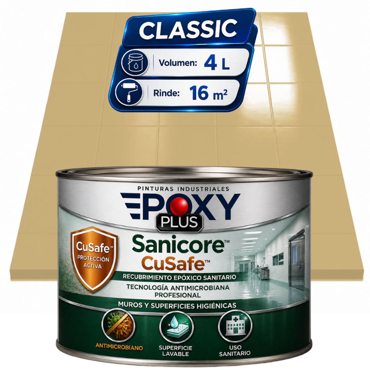 EPOXY - Pintura Epóxica Hospitalaria Sanicore CuSafe - MUROS Y PISOS - SIN OLOR  - CLASSIC 4L - BEIGE
