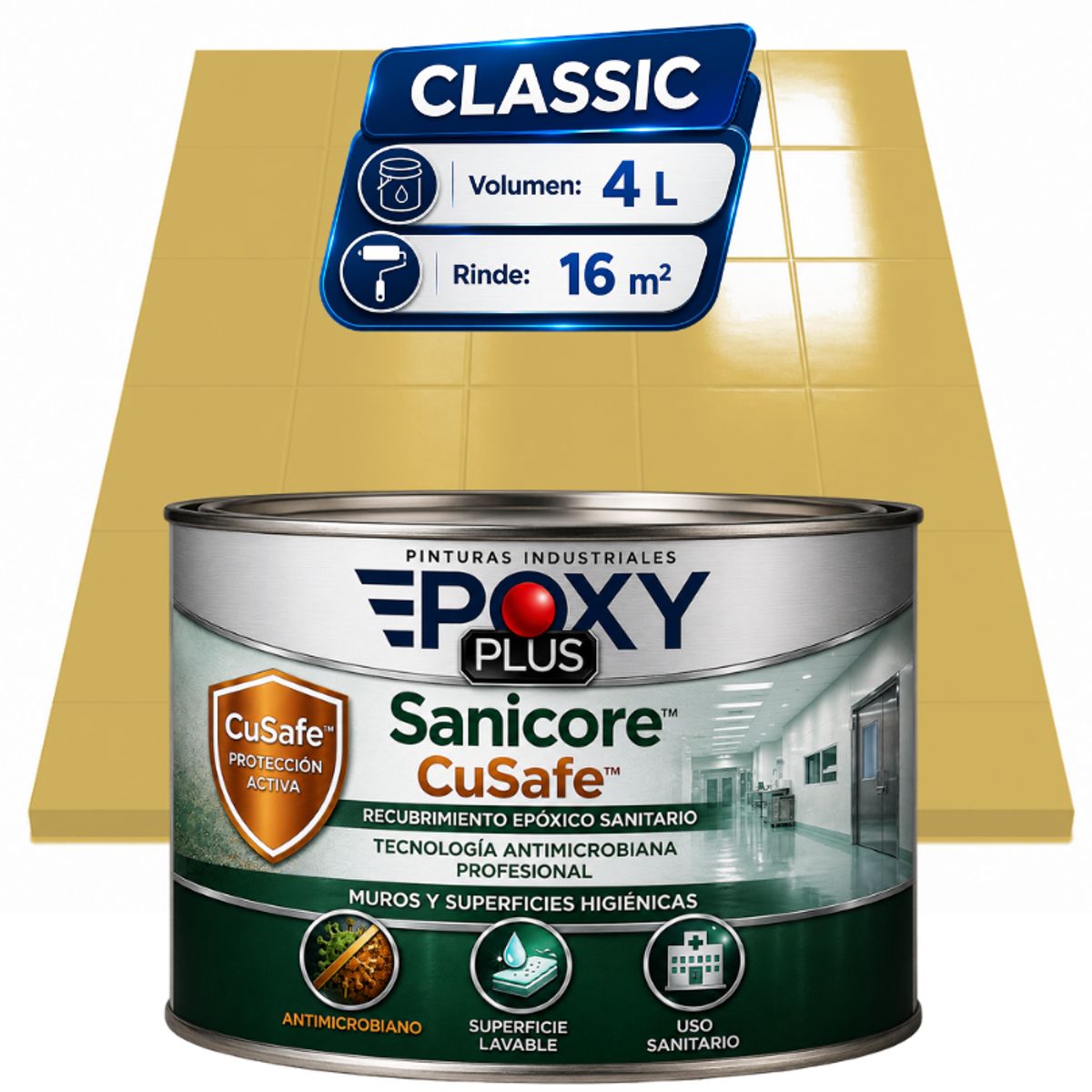Pintura Epóxica Hospitalaria Sanicore CuSafe - MUROS Y PISOS - SIN OLOR  - CLASSIC 4L - AMARILLO ARENA, marca EPOXY - Foto Principal
