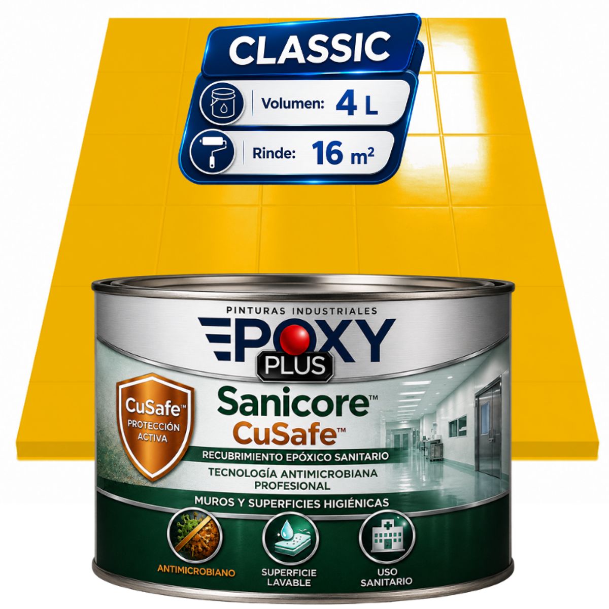 EPOXY - Pintura Epóxica Hospitalaria Sanicore CuSafe - MUROS Y PISOS - SIN OLOR  - CLASSIC 4L - AMARILLO SEÑALES