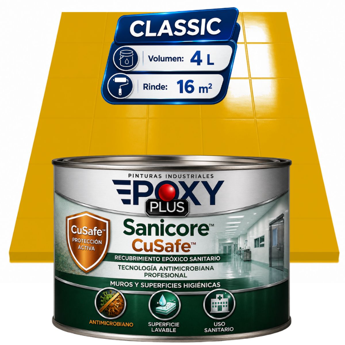 EPOXY - Pintura Epóxica Hospitalaria Sanicore CuSafe - MUROS Y PISOS - SIN OLOR  - CLASSIC 4L - AMARILLO ORO