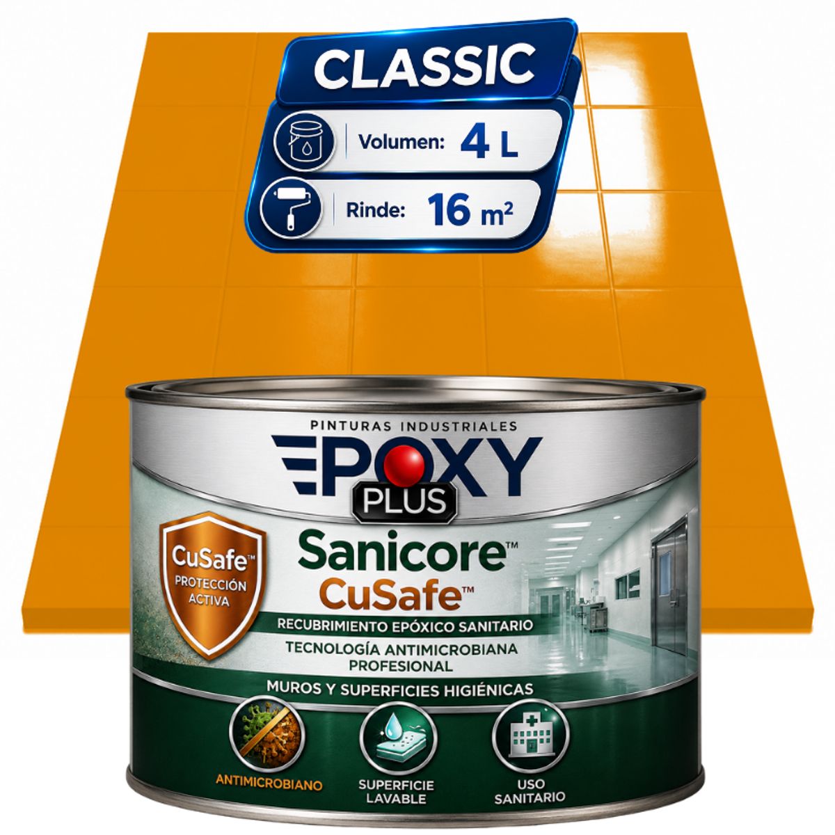 EPOXY - Pintura Epóxica Hospitalaria Sanicore CuSafe - MUROS Y PISOS - SIN OLOR  - CLASSIC 4L - AMARILLO NARCISO