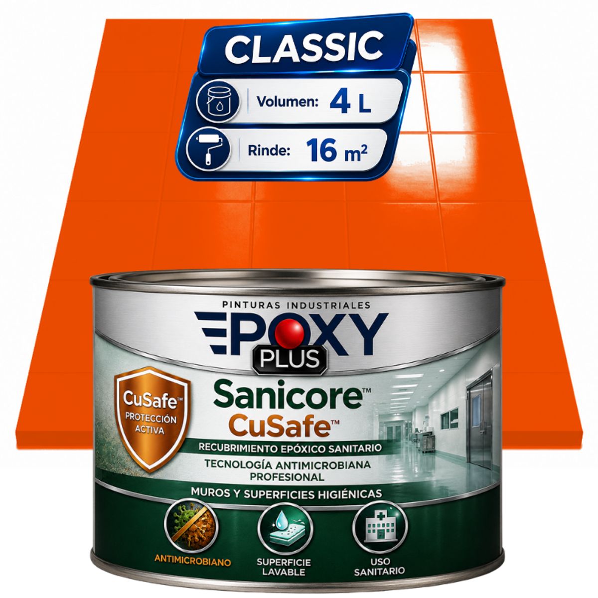 EPOXY - Pintura Epóxica Hospitalaria Sanicore CuSafe - MUROS Y PISOS - SIN OLOR  - CLASSIC 4L - NARANJA PURO