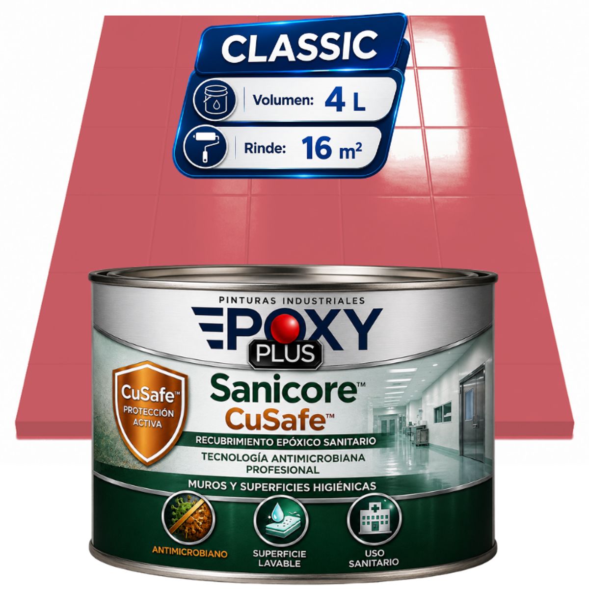 EPOXY - Pintura Epóxica Hospitalaria Sanicore CuSafe - MUROS Y PISOS - SIN OLOR  - CLASSIC 4L - ROJO ANTIGUO