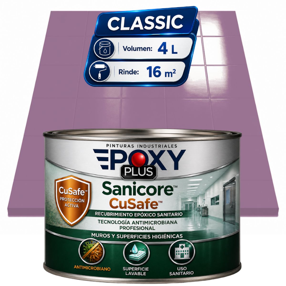 EPOXY - Pintura Epóxica Hospitalaria Sanicore CuSafe - MUROS Y PISOS - SIN OLOR  - CLASSIC 4L - VIOLETA PASTEL