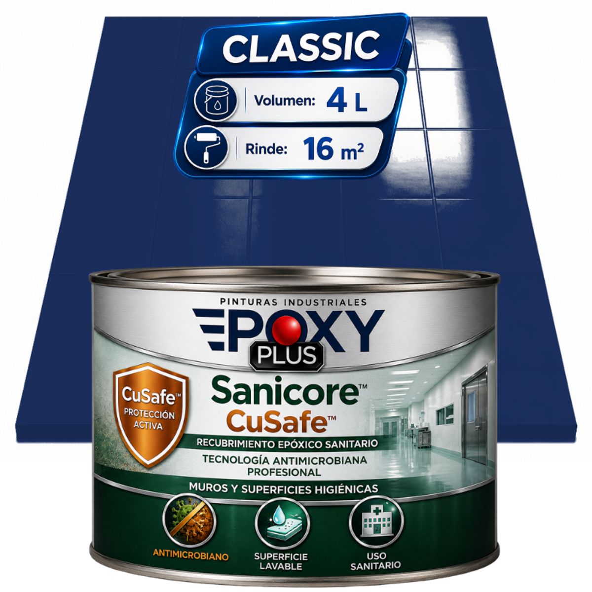 EPOXY - Pintura Epóxica Hospitalaria Sanicore CuSafe - MUROS Y PISOS - SIN OLOR  - CLASSIC 4L - AZUL ZAFIRO