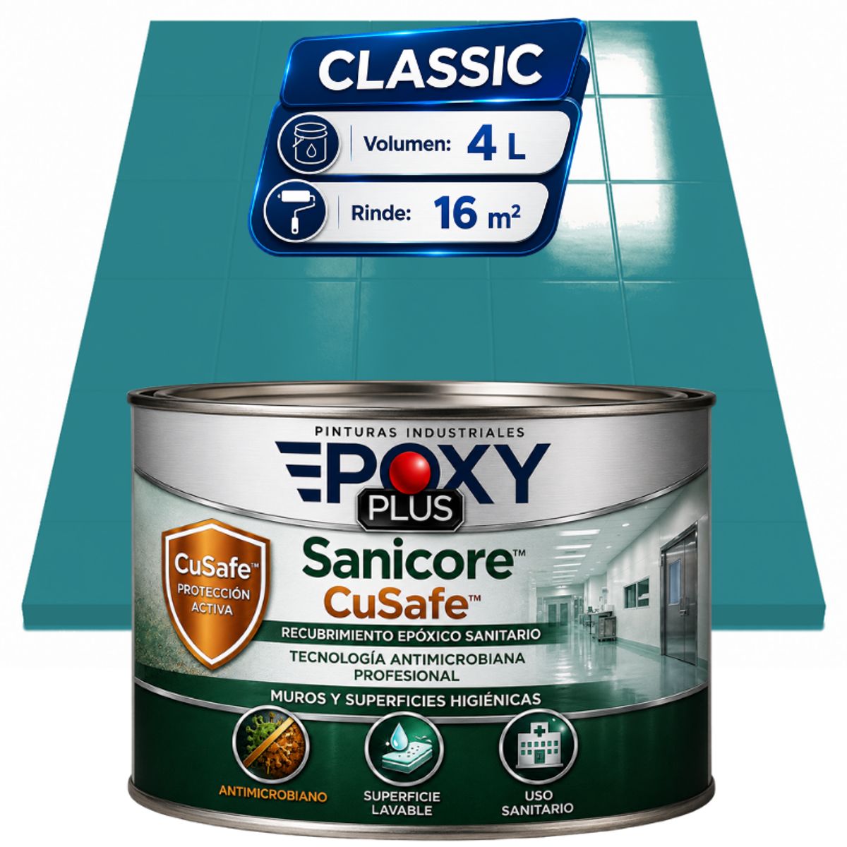 EPOXY - Pintura Epóxica Hospitalaria Sanicore CuSafe - MUROS Y PISOS - SIN OLOR  - CLASSIC 4L - AZUL TURQUESA