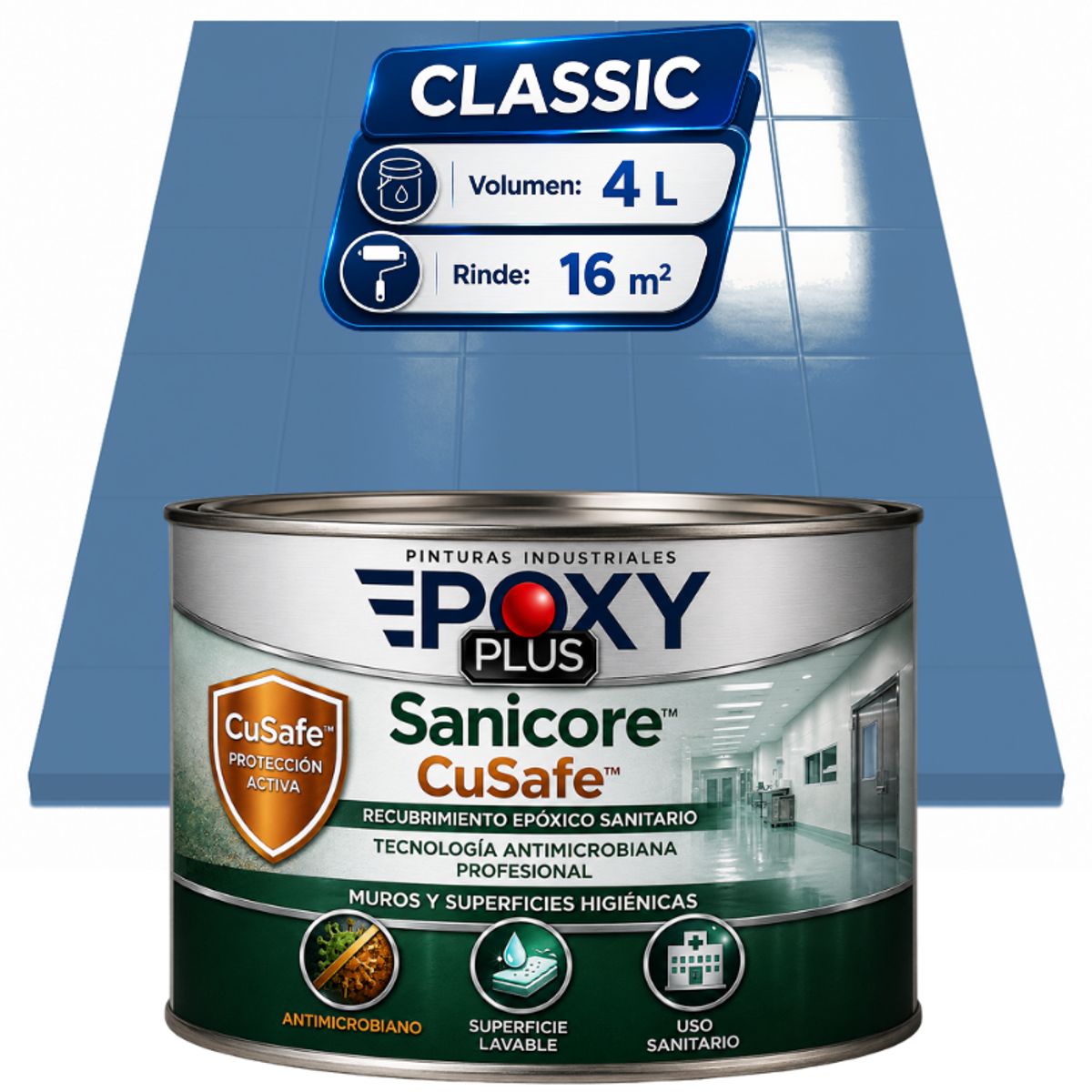 EPOXY - Pintura Epóxica Hospitalaria Sanicore CuSafe - MUROS Y PISOS - SIN OLOR  - CLASSIC 4L - AZUL PASTEL