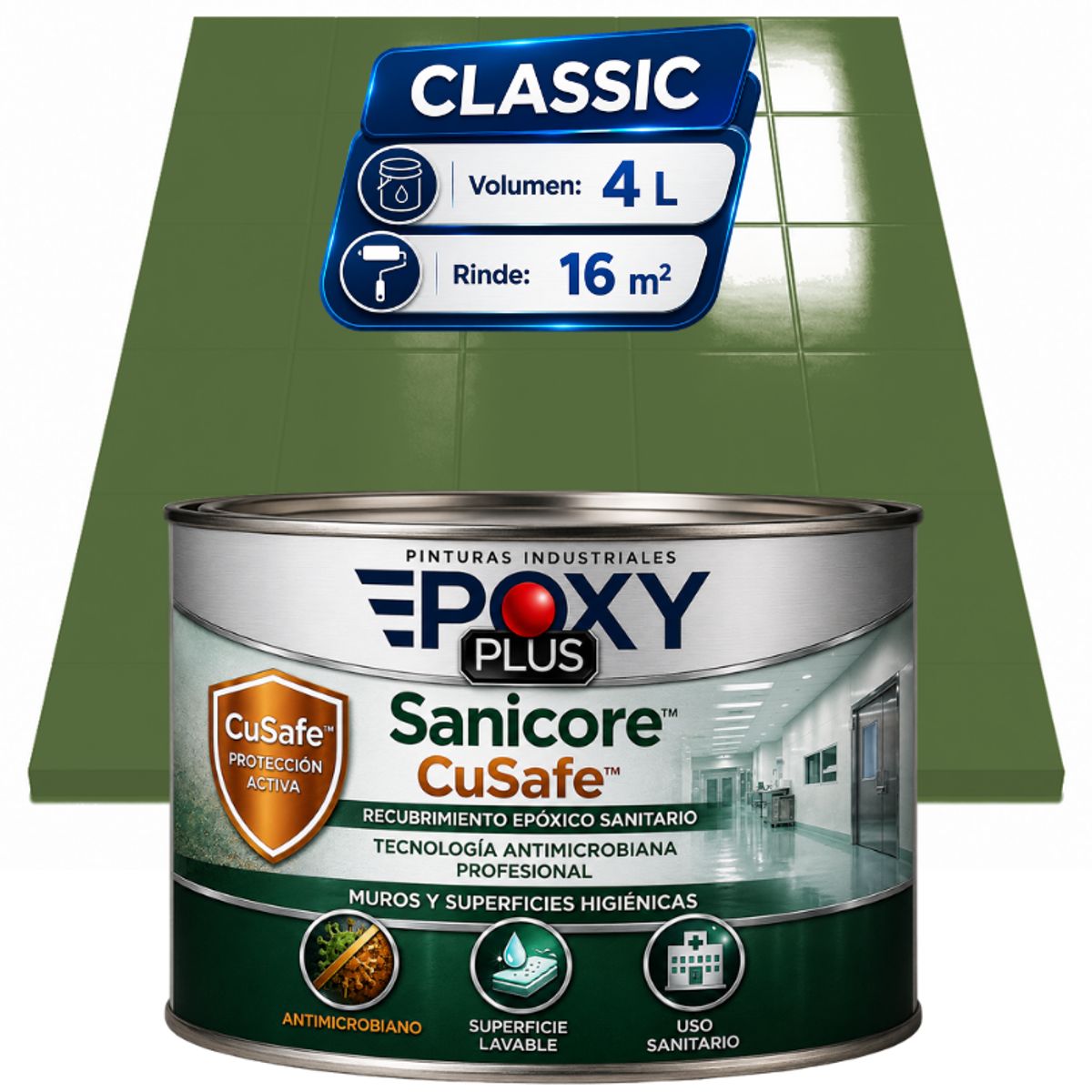 EPOXY - Pintura Epóxica Hospitalaria Sanicore CuSafe - MUROS Y PISOS - SIN OLOR  - CLASSIC 4L - VERDE RESEDA