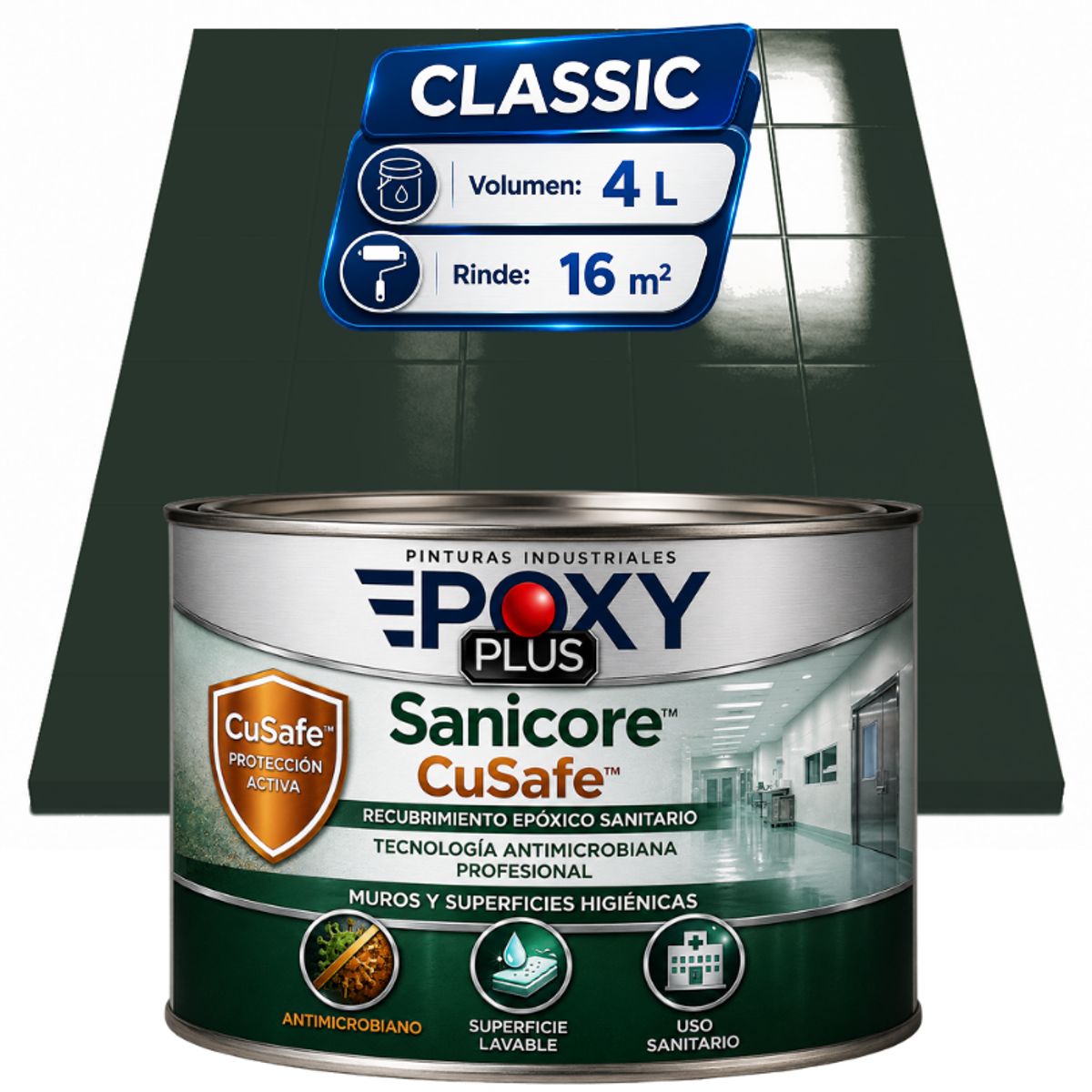 EPOXY - Pintura Epóxica Hospitalaria Sanicore CuSafe - MUROS Y PISOS - SIN OLOR  - CLASSIC 4L -VERDE NEGRO