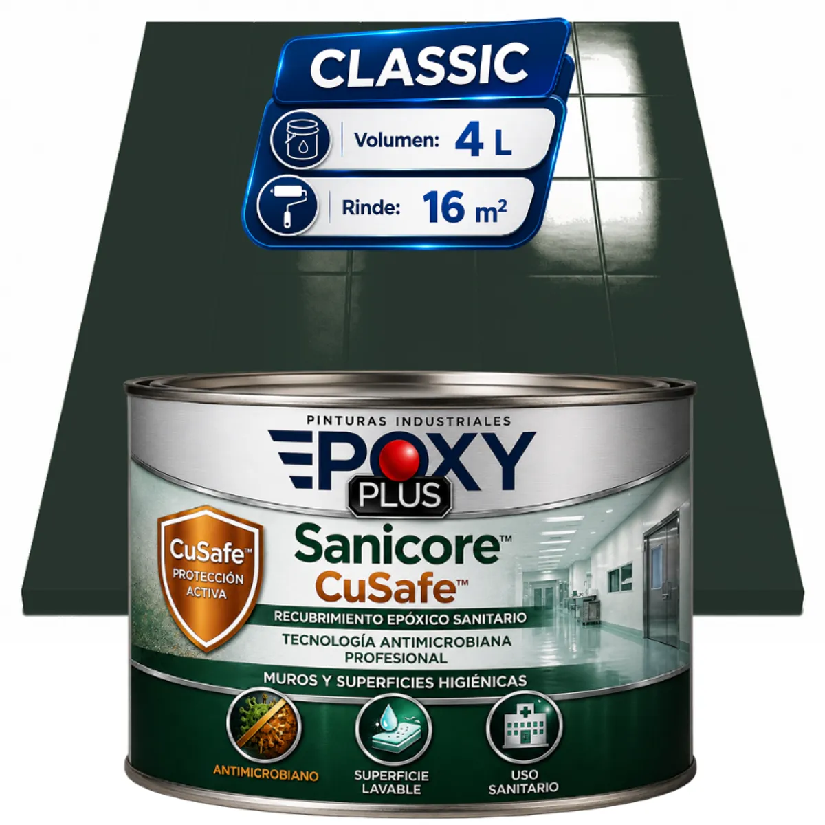EPOXY - Pintura Epóxica Hospitalaria Sanicore CuSafe - MUROS Y PISOS - SIN OLOR  - CLASSIC 4L -VERDE NEGRO