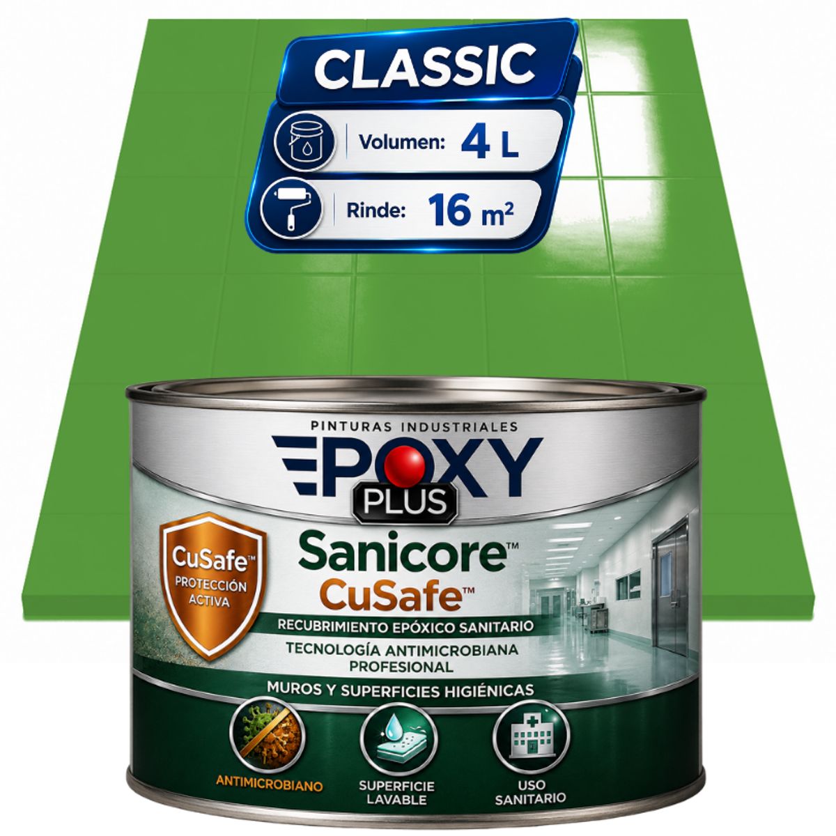 EPOXY - Pintura Epóxica Hospitalaria Sanicore CuSafe - MUROS Y PISOS - SIN OLOR  - CLASSIC 4L -VERDE CLARO