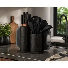 MP - Set De Utensilios y Cuchillos De Cocina 25 Piezas Marmoleado Negro Dorado