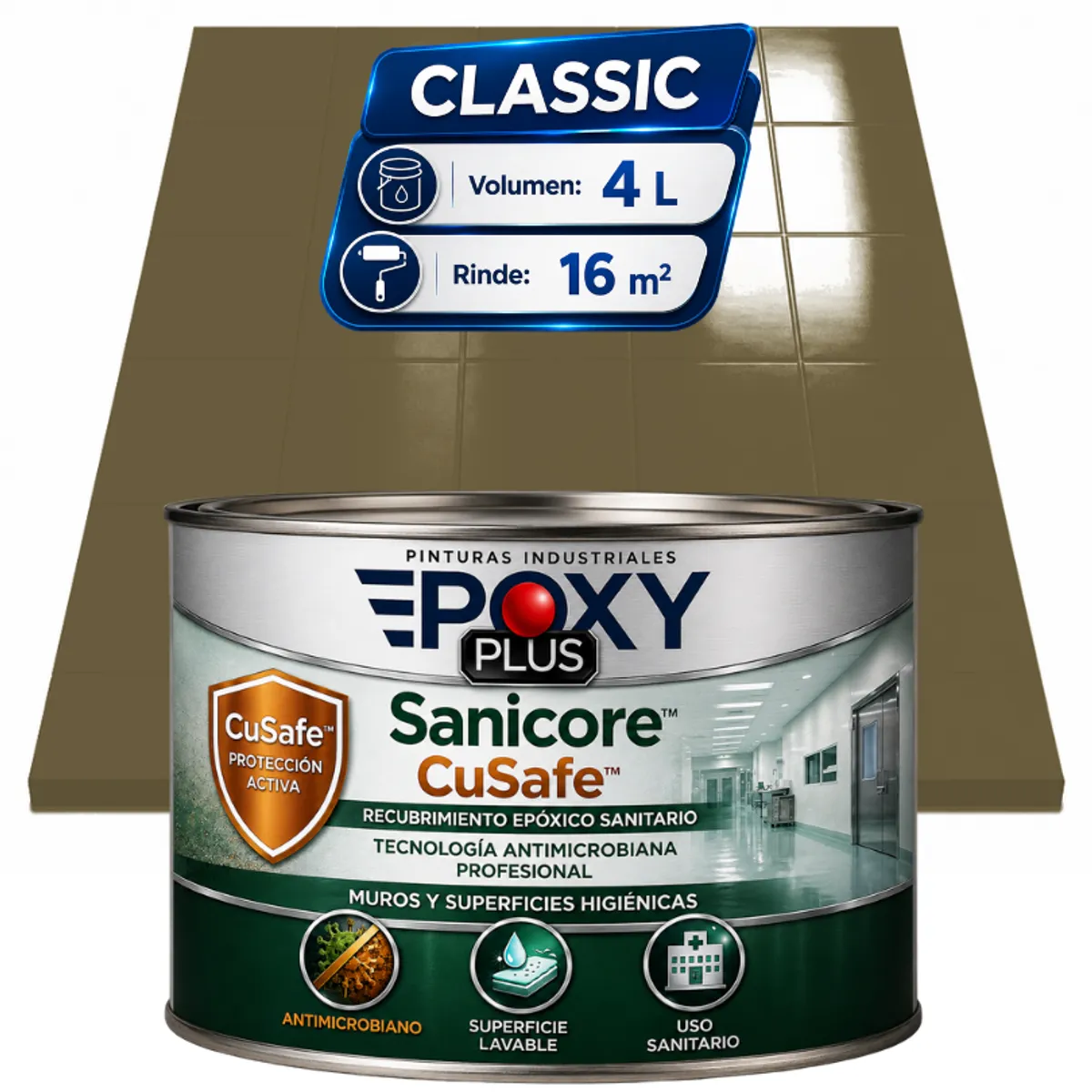 EPOXY - Pintura Epóxica Hospitalaria Sanicore CuSafe - MUROS Y PISOS - SIN OLOR  - CLASSIC 4L - GRIS CAQUI