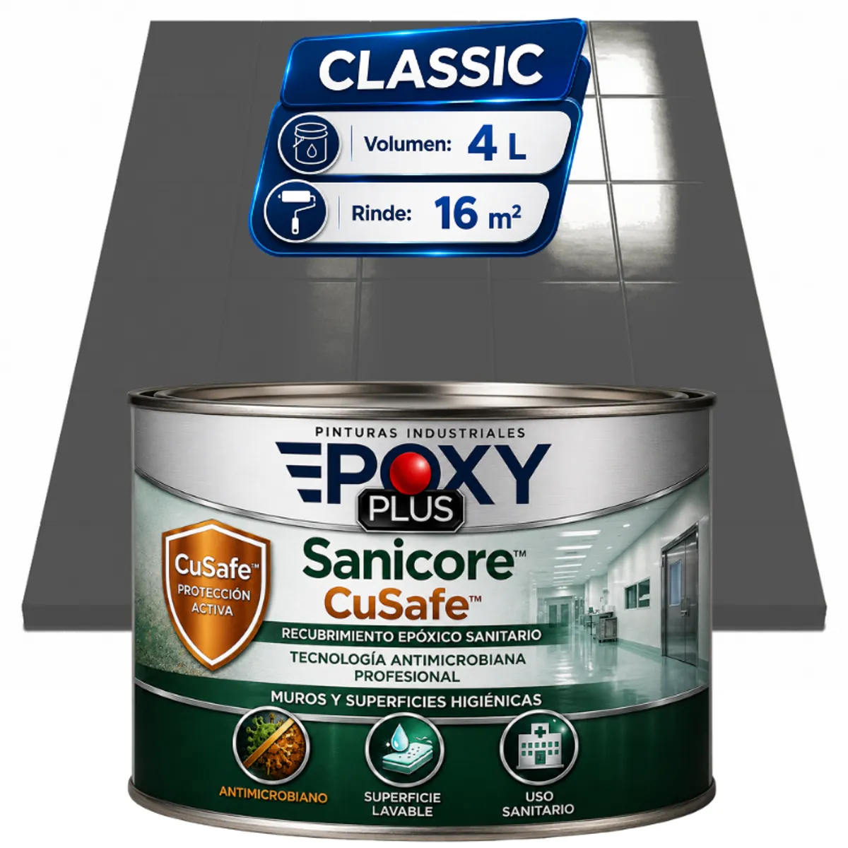 EPOXY - Pintura Epóxica Hospitalaria Sanicore CuSafe - MUROS Y PISOS - SIN OLOR  - CLASSIC 4L - GRIS LONA