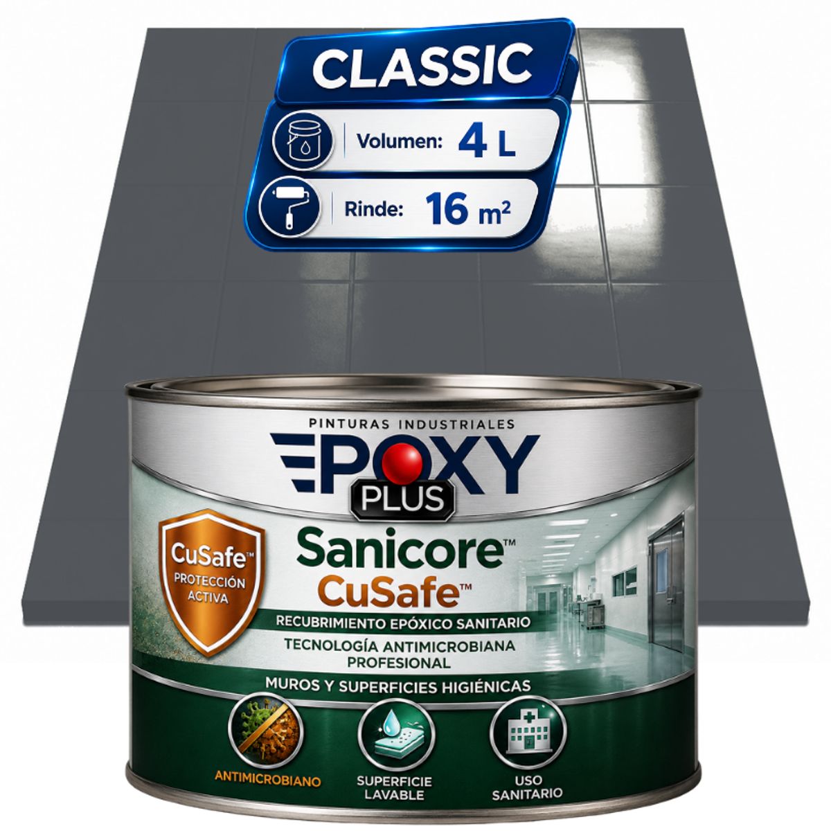 EPOXY - Pintura Epóxica Hospitalaria Sanicore CuSafe - MUROS Y PISOS - SIN OLOR  - CLASSIC 4L - GRIS BASALTO