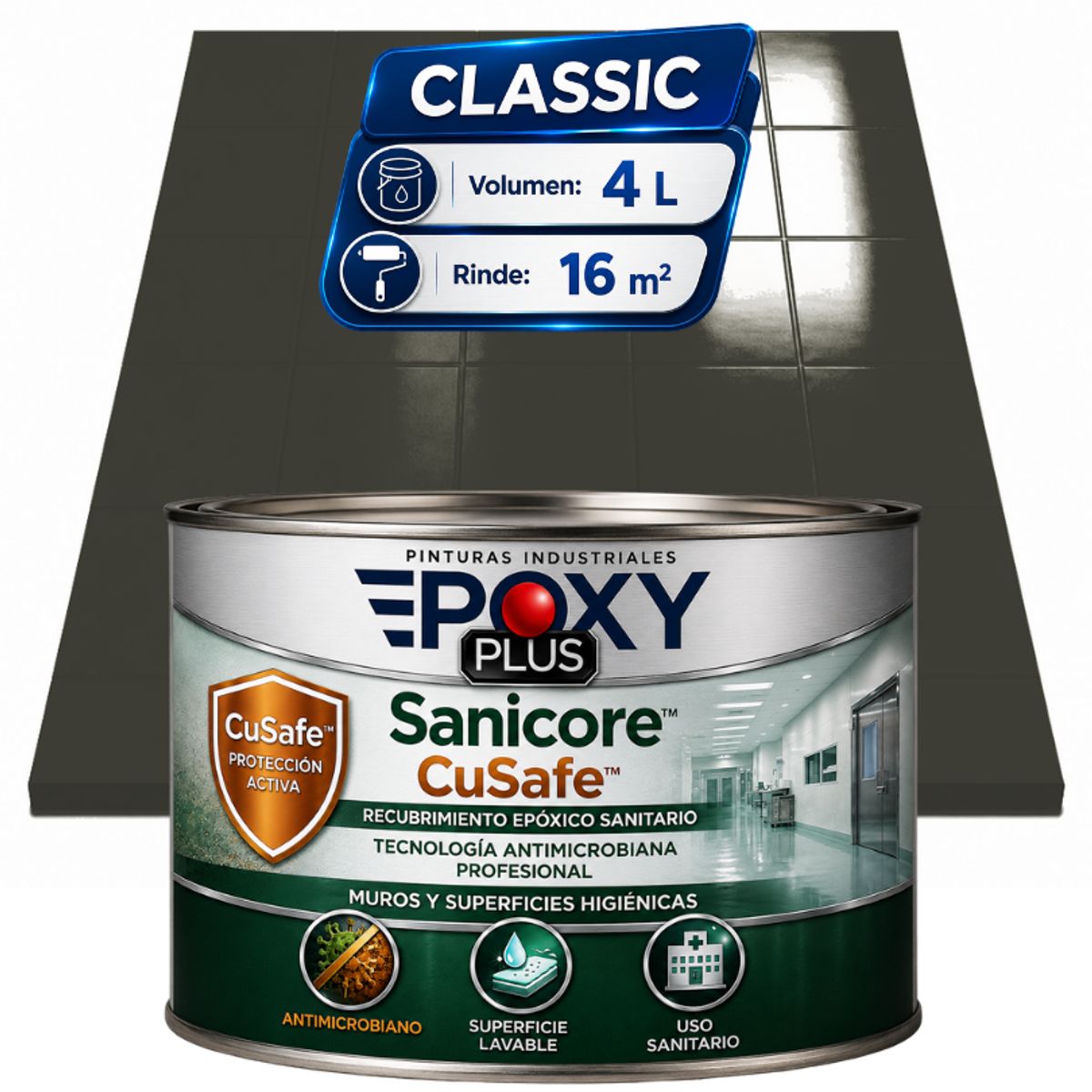 EPOXY - Pintura Epóxica Hospitalaria Sanicore CuSafe - MUROS Y PISOS - SIN OLOR  - CLASSIC 4L - GRIS SOMBRA