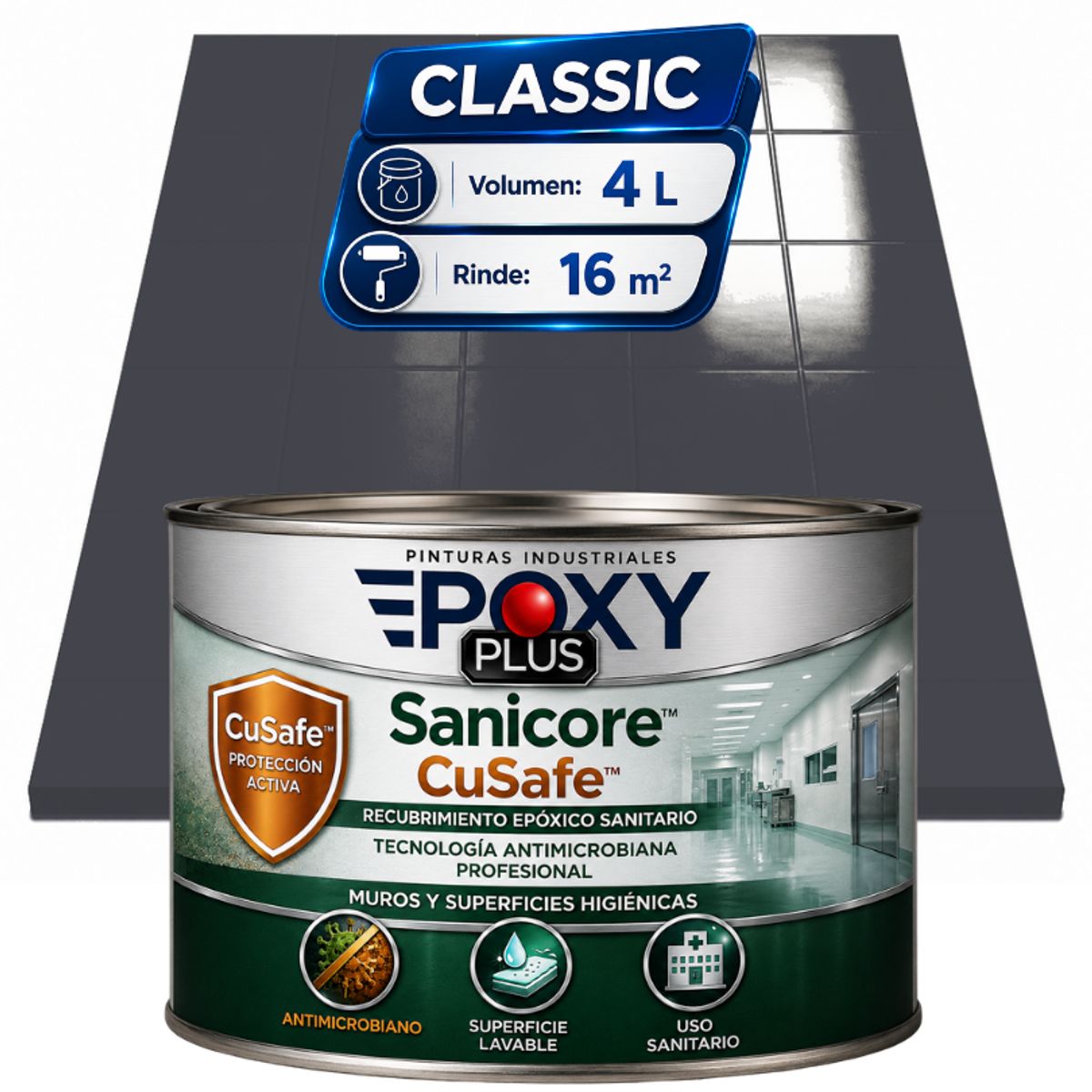 EPOXY - Pintura Epóxica Hospitalaria Sanicore CuSafe - MUROS Y PISOS - SIN OLOR  - CLASSIC 4L - GRIS GRAFITO