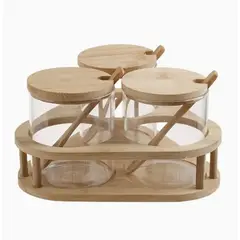 GENERICO - Especiero de Madera con Base Triangular y 3 Frascos con Cuchara