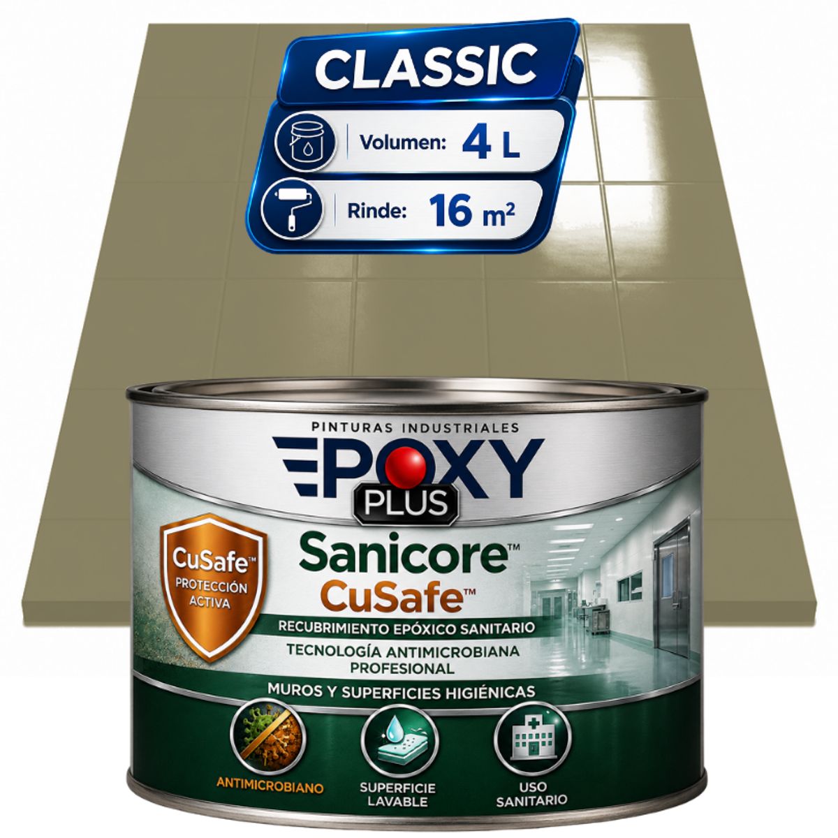 EPOXY - Pintura Epóxica Hospitalaria Sanicore CuSafe - MUROS Y PISOS - SIN OLOR  - CLASSIC 4L - GRIS AMARILLENTO