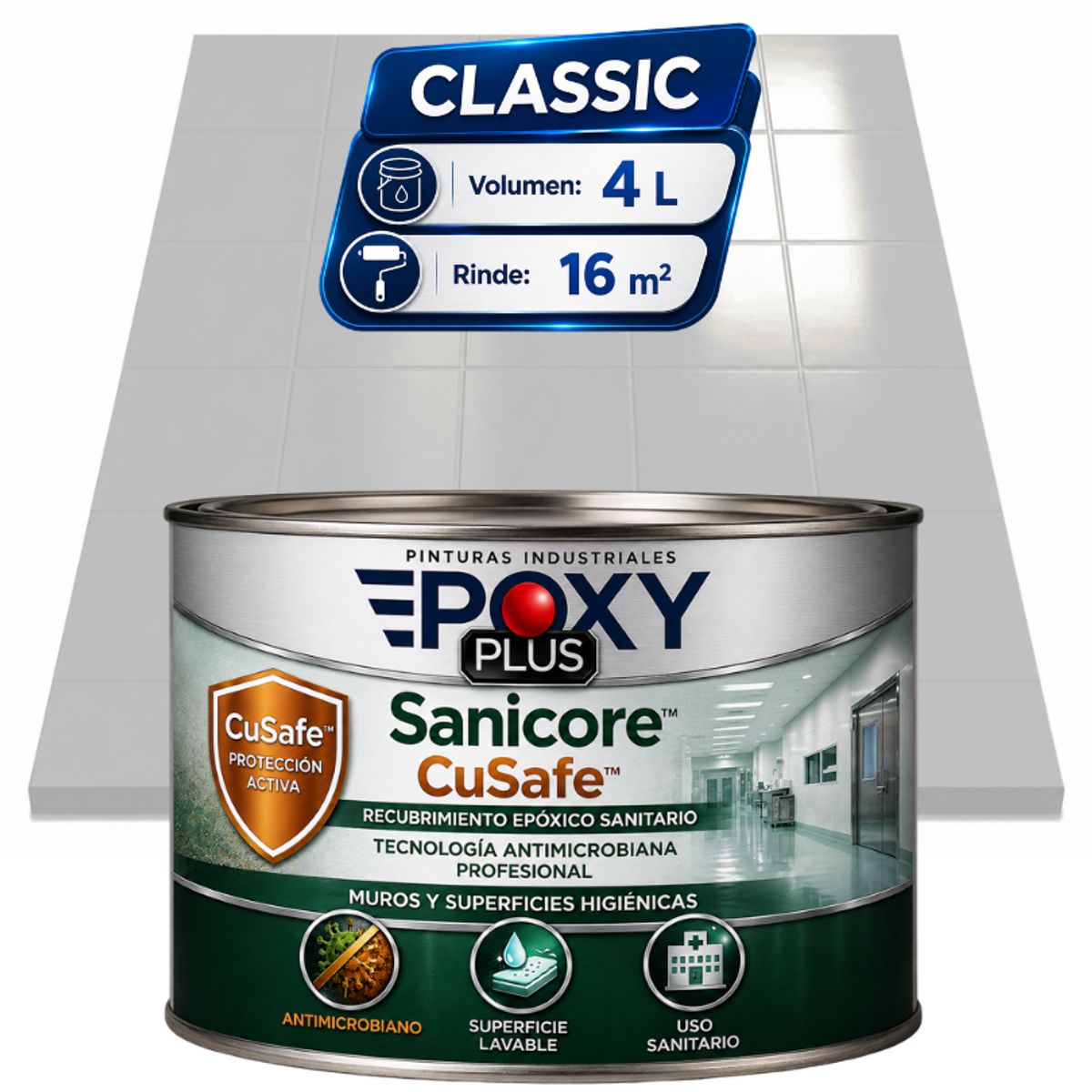 EPOXY - Pintura Epóxica Hospitalaria Sanicore CuSafe - MUROS Y PISOS - SIN OLOR  - CLASSIC 4L - GRIS CLARO