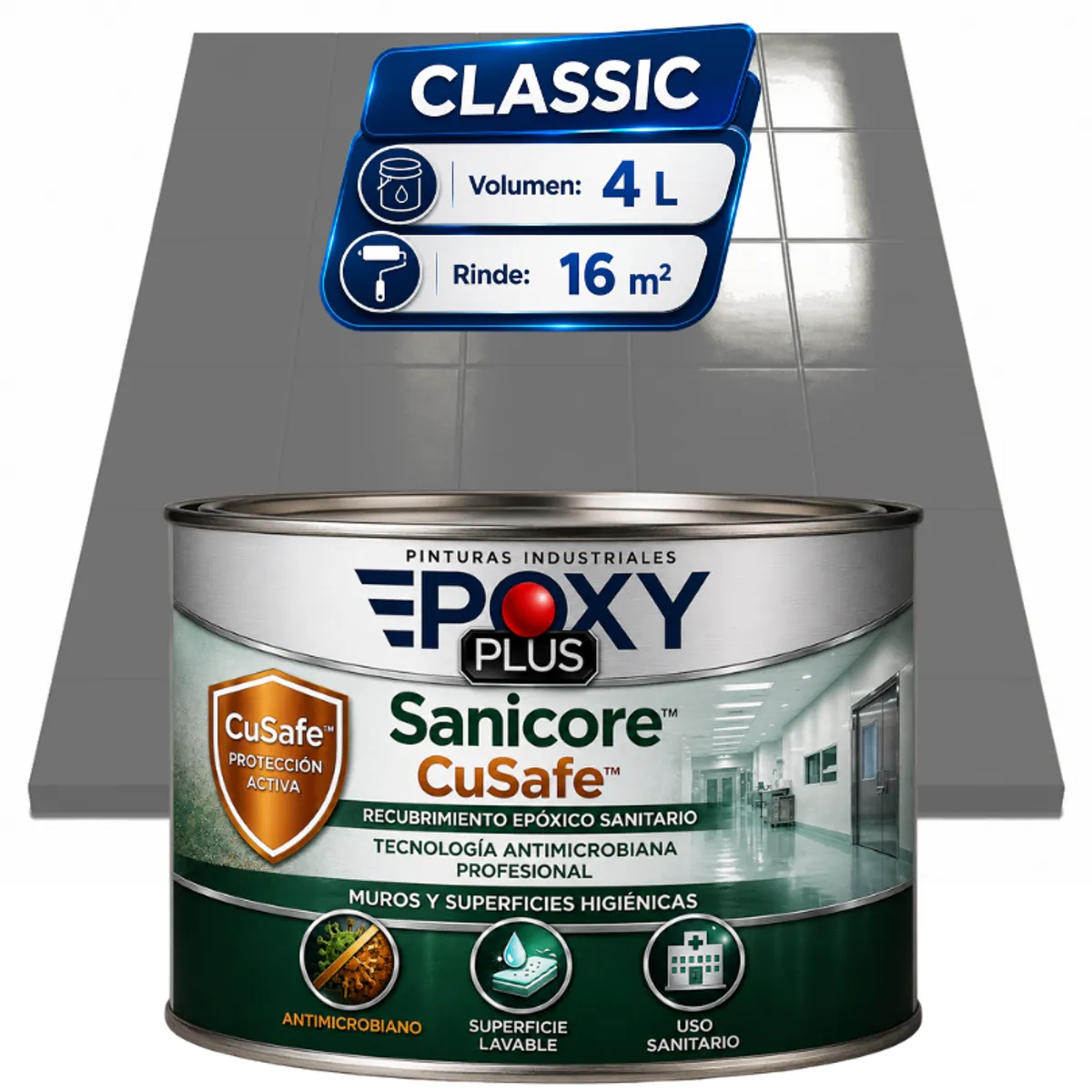 EPOXY - Pintura Epóxica Hospitalaria Sanicore CuSafe - MUROS Y PISOS - SIN OLOR  - CLASSIC 4L - GRIS POLVO