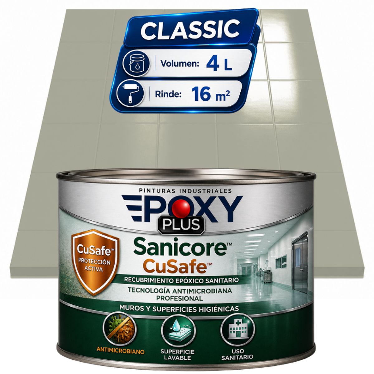 EPOXY - Pintura Epóxica Hospitalaria Sanicore CuSafe - MUROS Y PISOS - SIN OLOR  - CLASSIC 4L - GRIS AGATA