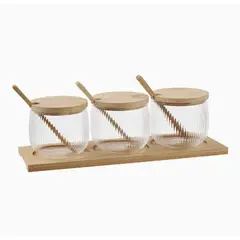 GENERICO - Especiero de Madera con 3 Frascos de Vidrio Acanalado y Cucharas
